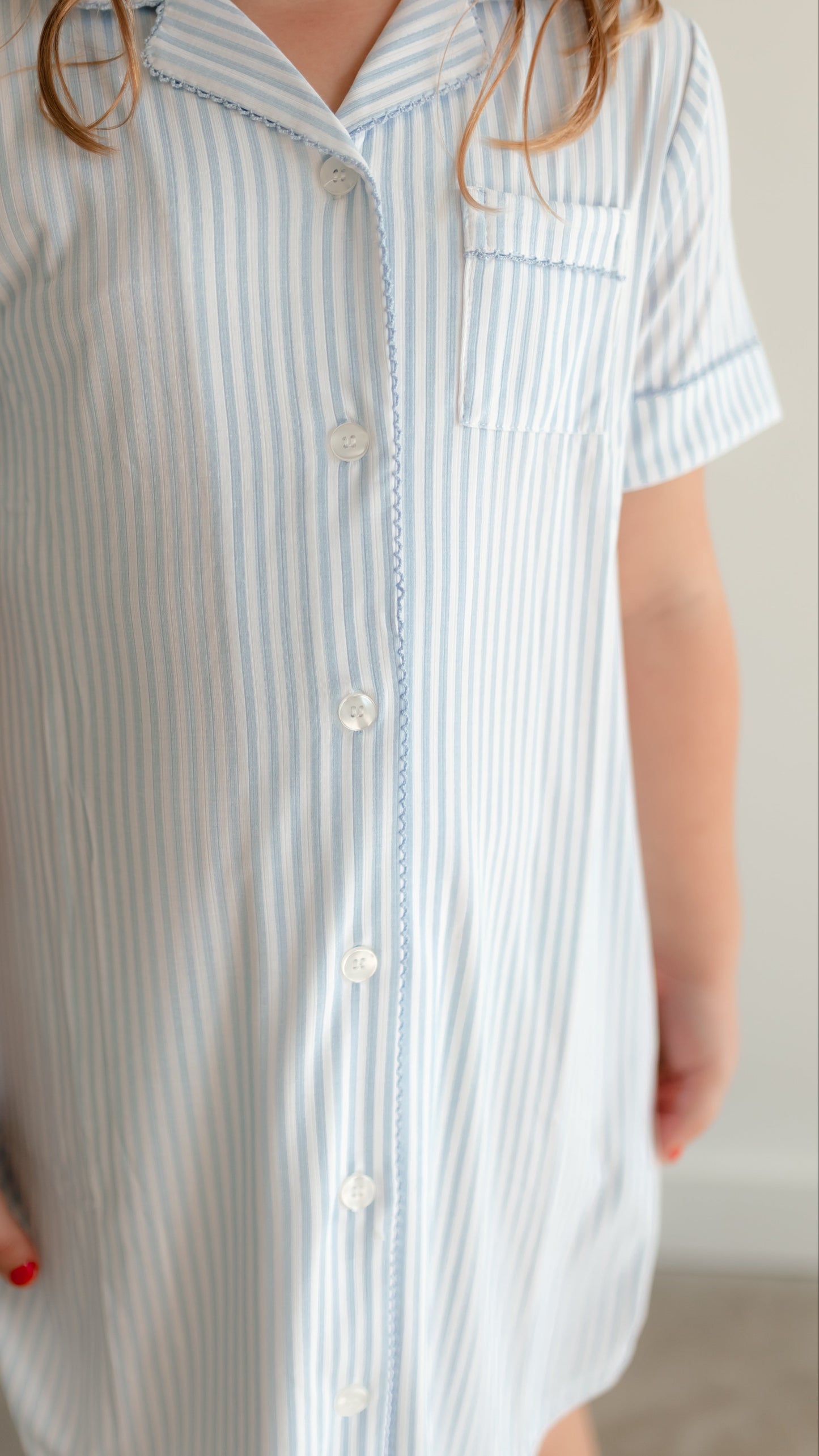 Girl's Button Down Ribbed Dress in Blue Pin Stripes