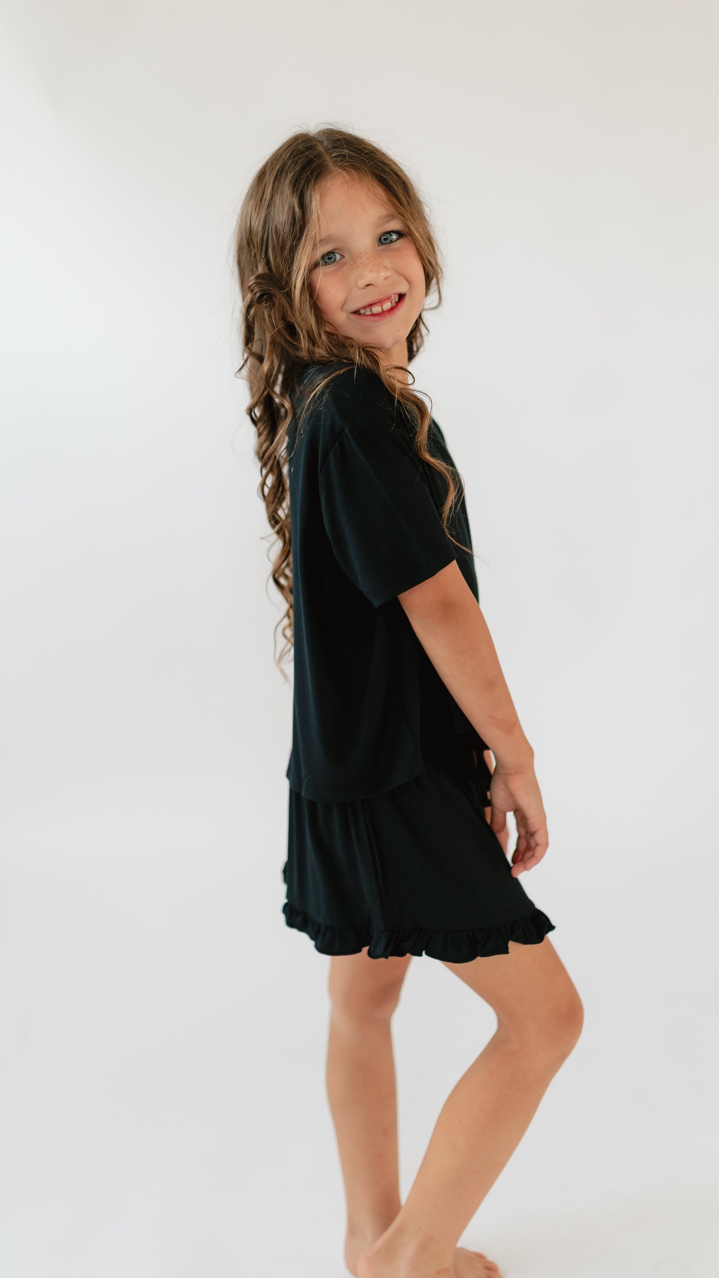 Girl's Ruffle Short Set in Solid Black
