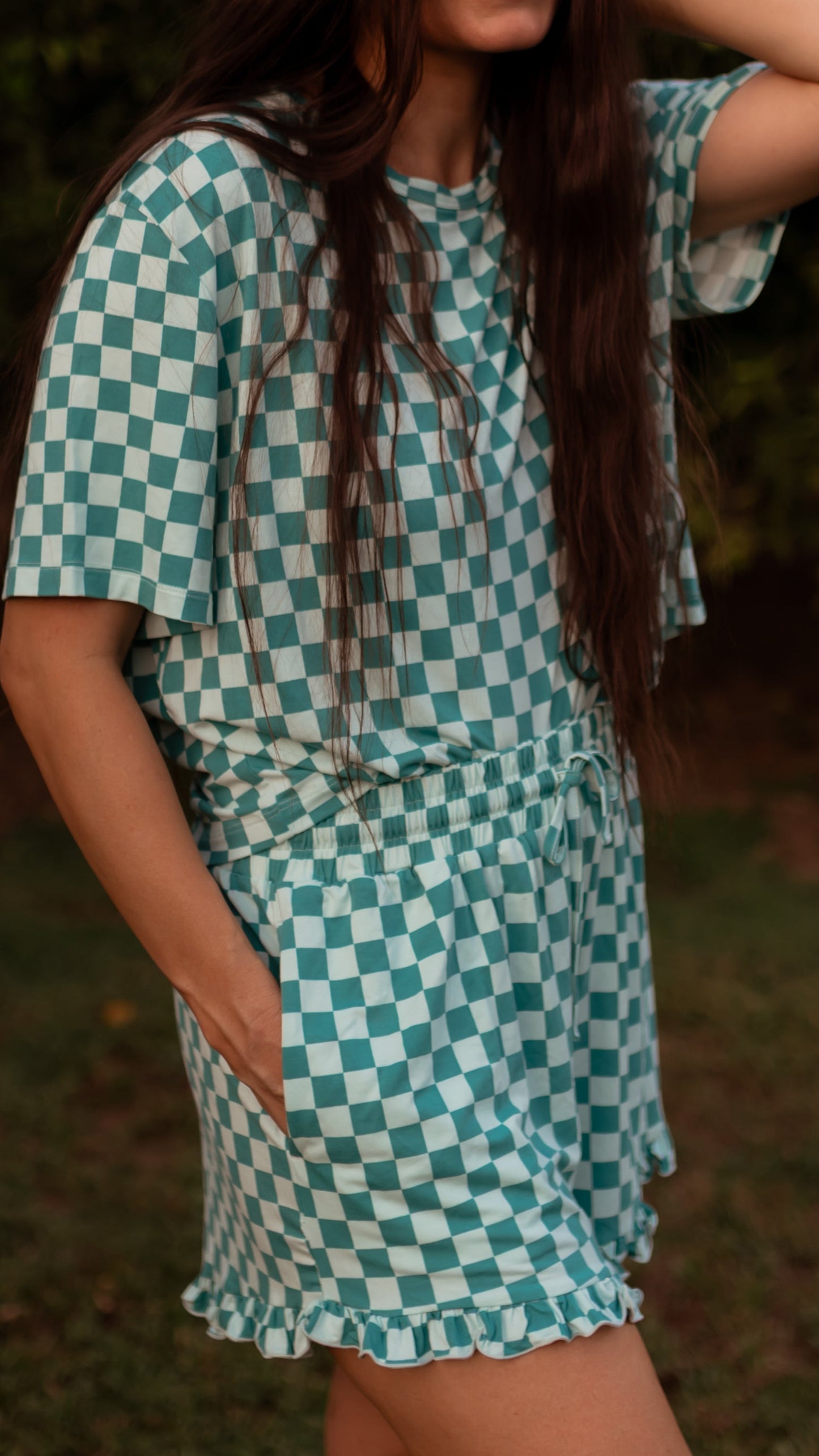 Women’s Ruffle Short Set in Teal and Blue Checkered