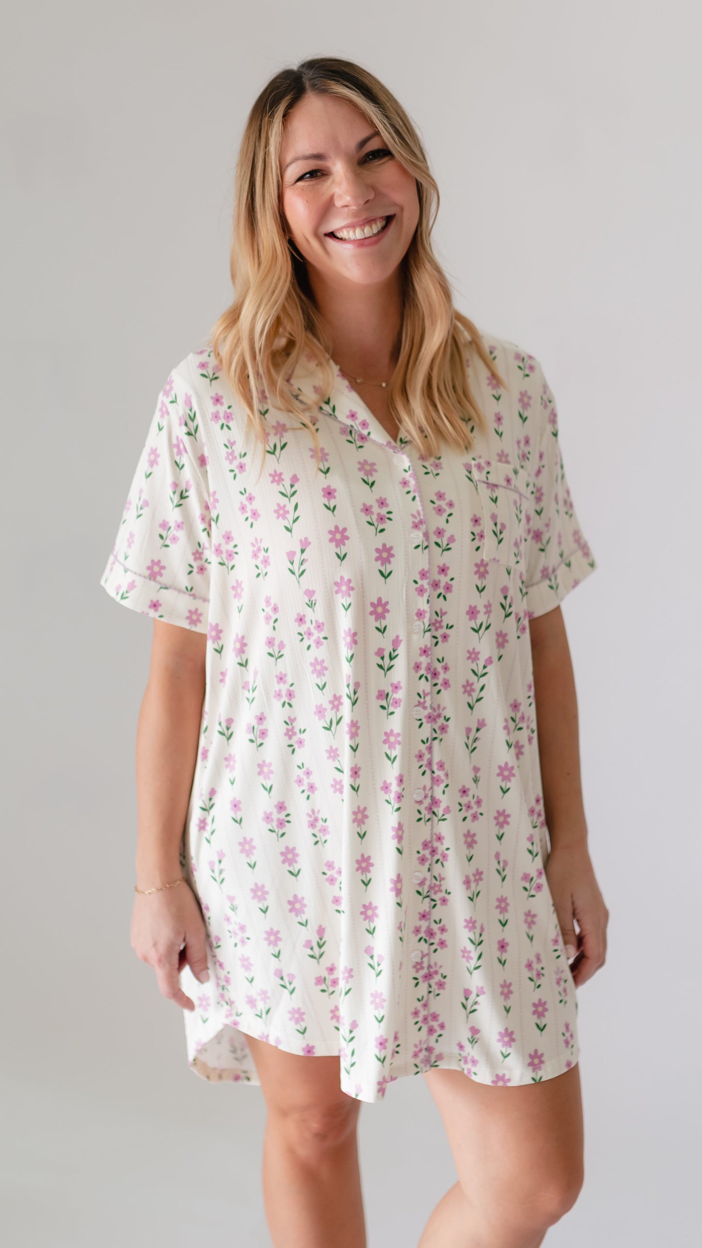 Women's Ribbed Button Down Dress In Purple Floral