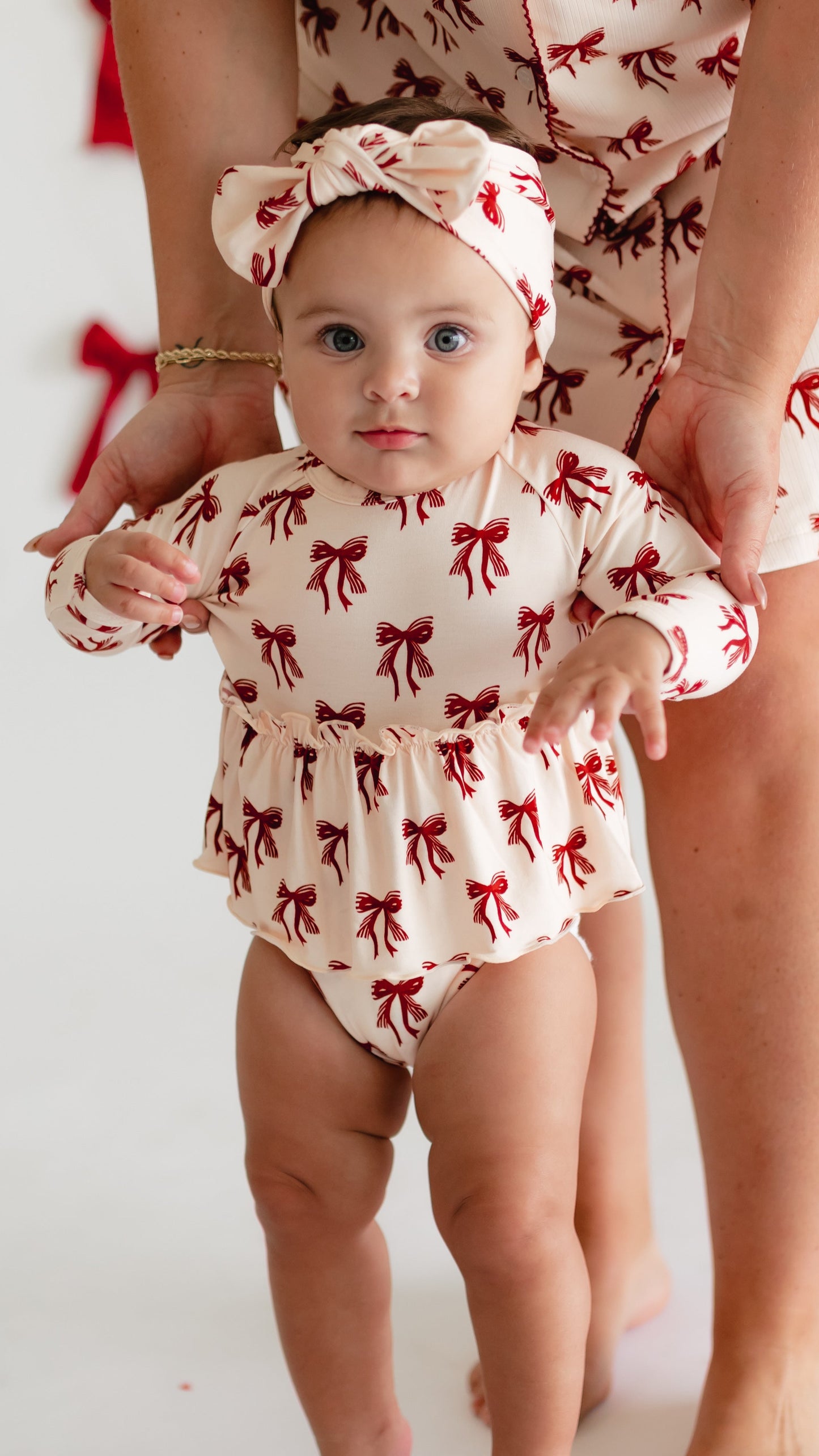 Infant Long Sleeve and Skirt Onesie in Christmas Bows