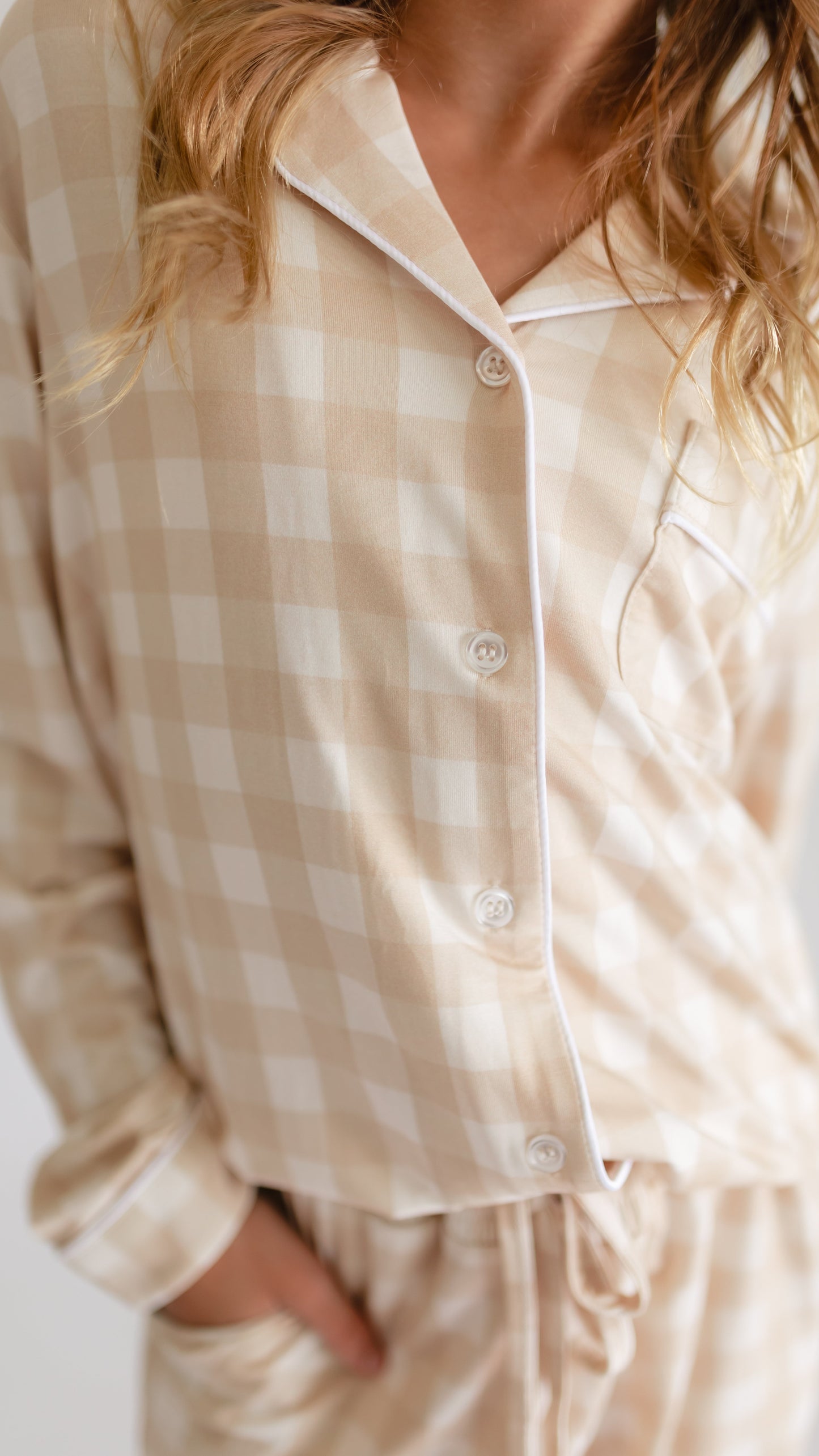 Girl's Button Up Set in Neutral Gingham