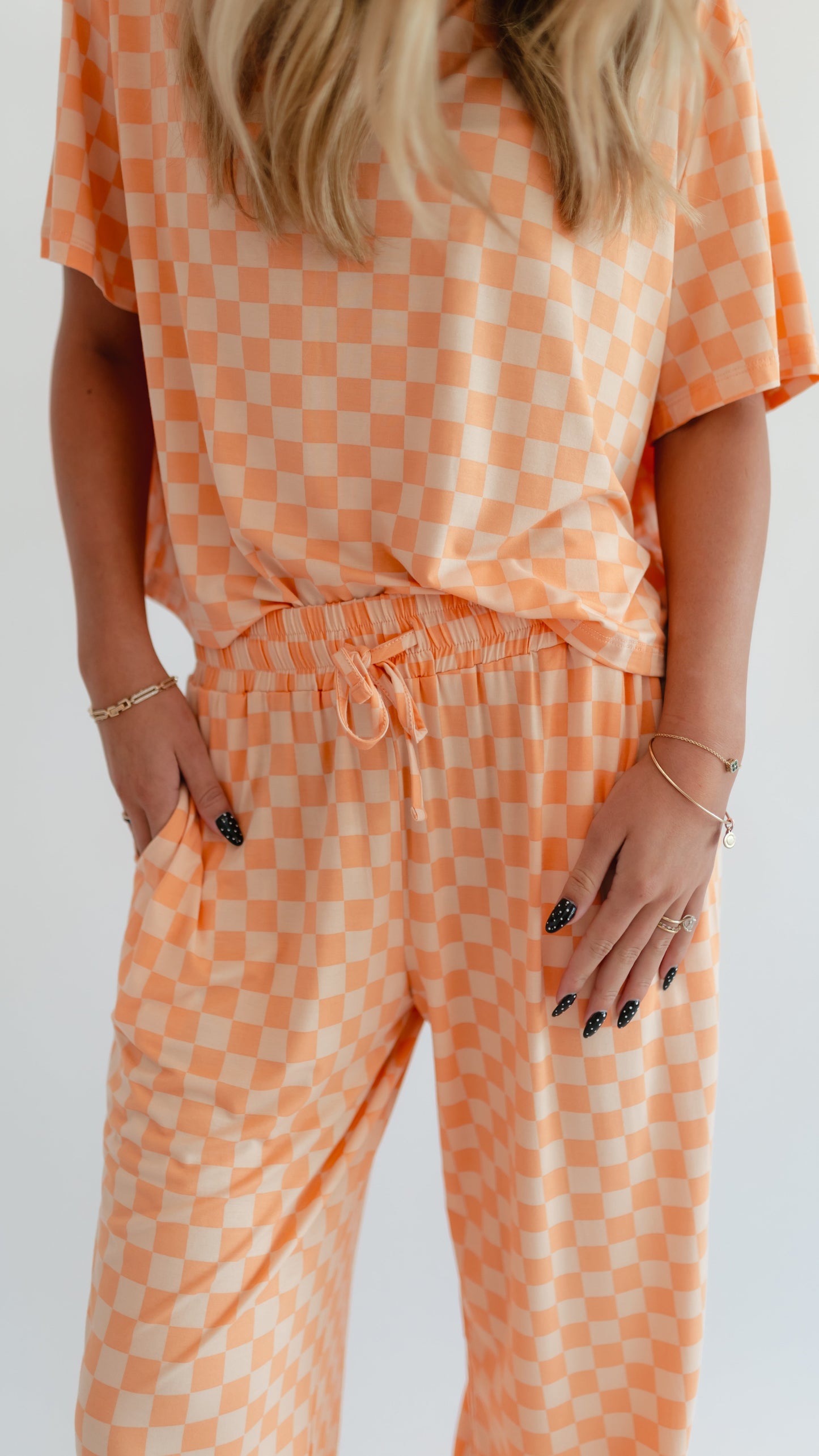 Women's T-Shirt and Pants Set In Orange Checkered