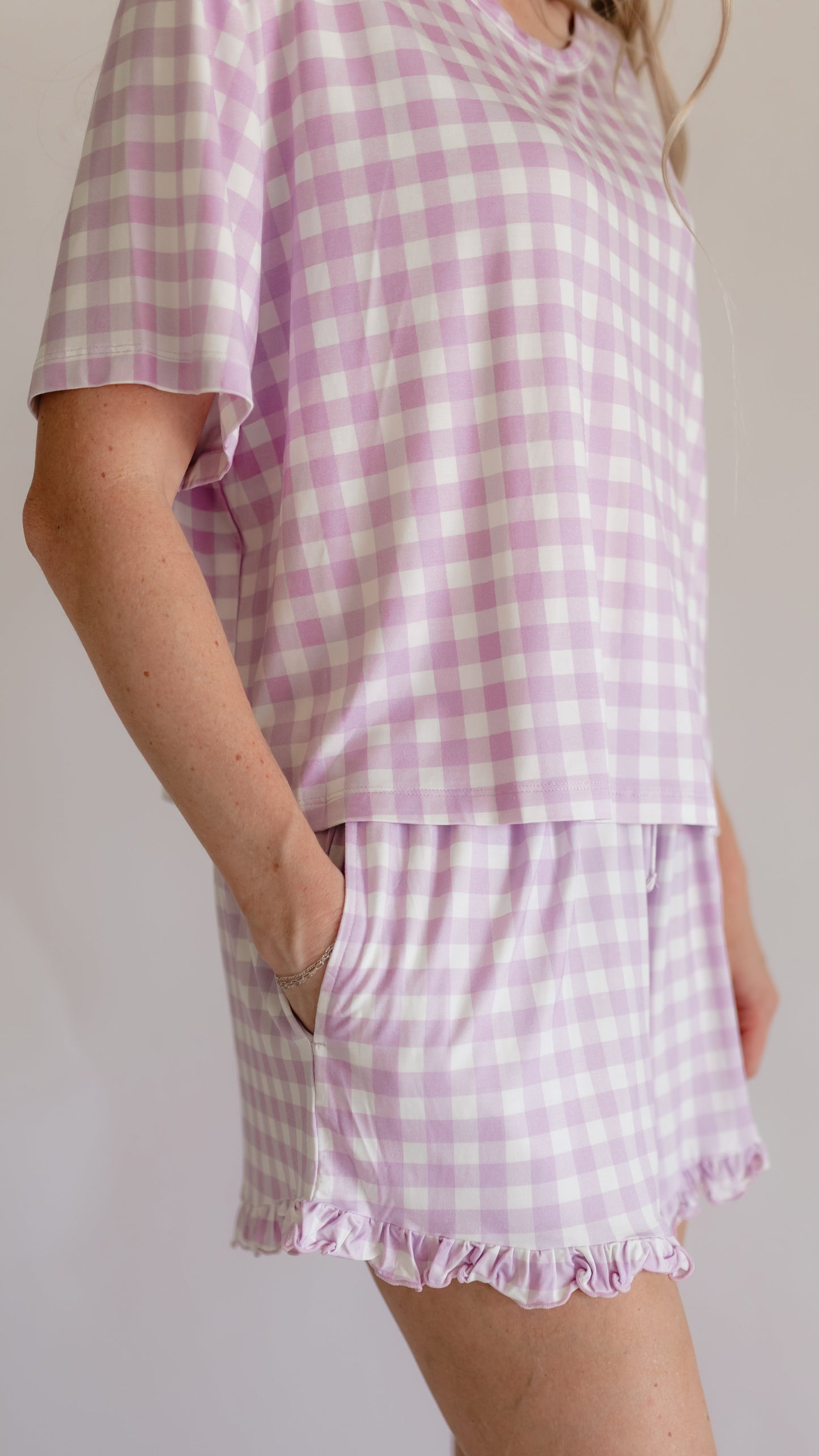 Women’s Ruffle Short Set in Purple Gingham
