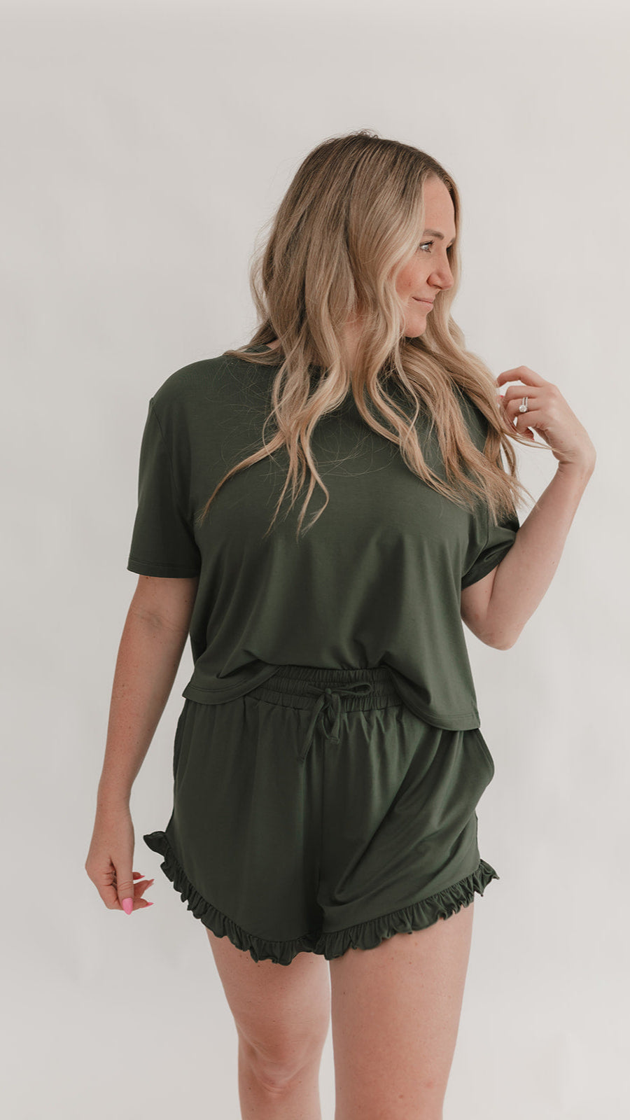 Womens Ruffle Short Set in Emerald Green