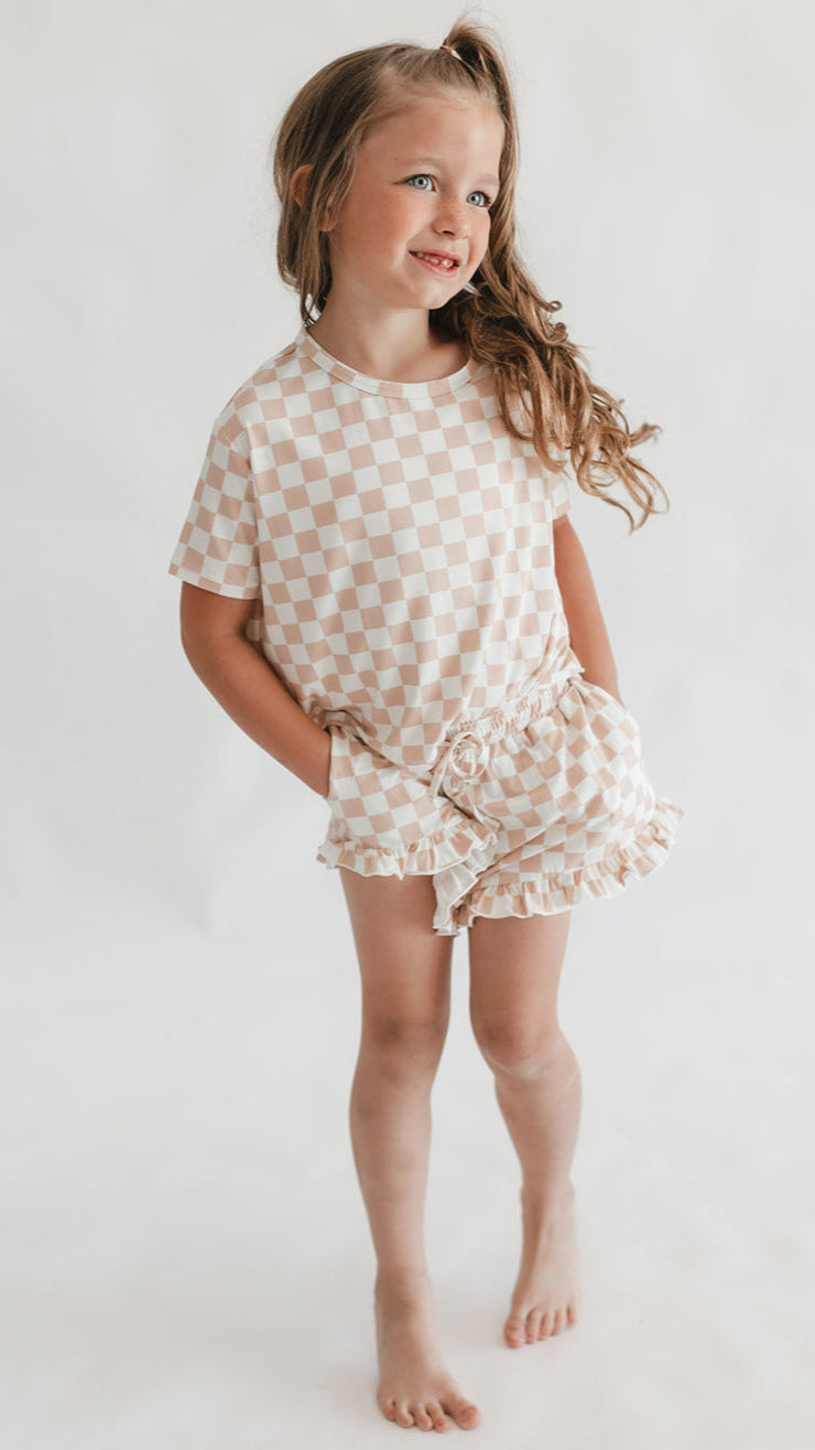 Girls Ruffle Short Set in Neutral Checkered