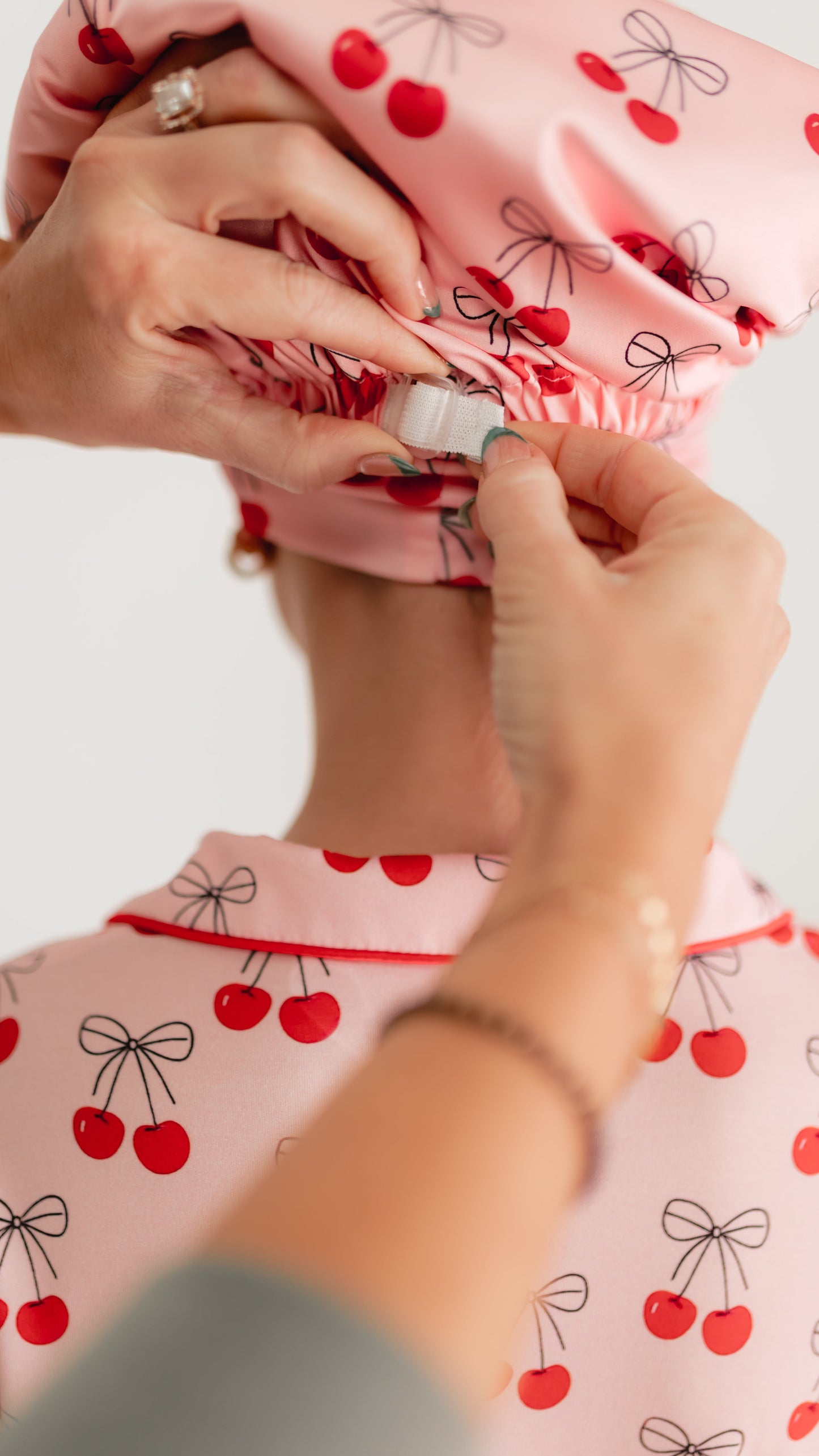 Adult Satin Bonnet in Pink Cherry Bows