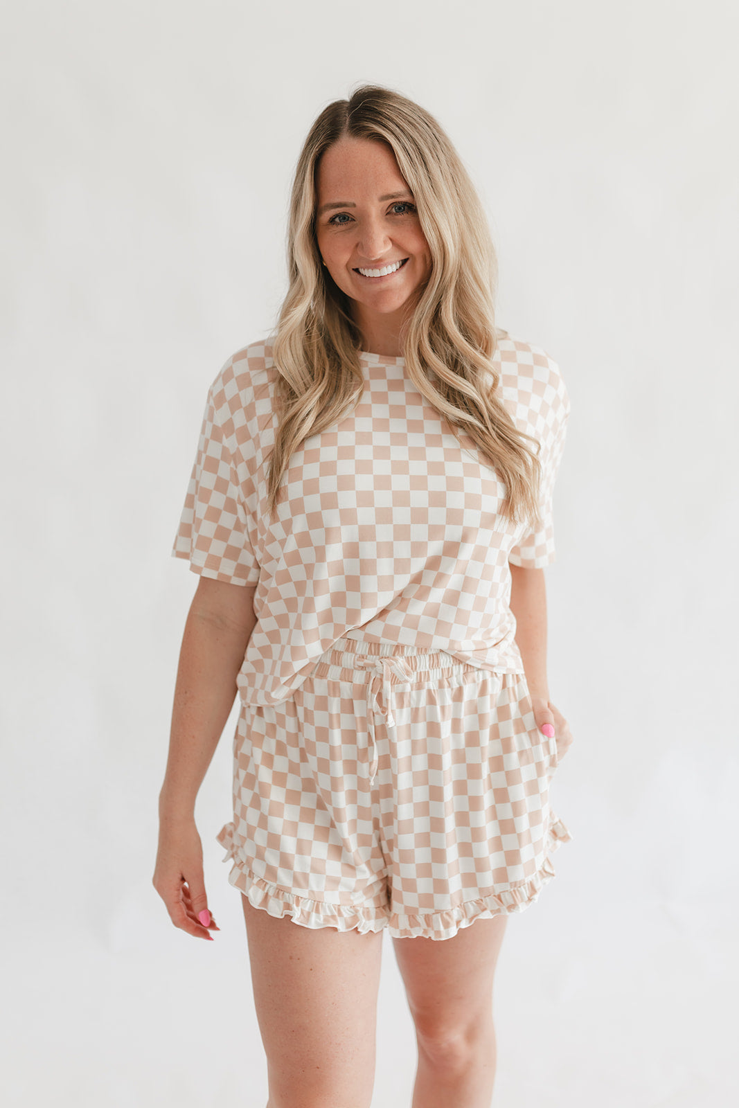 Women's Ruffle Short Set in Neutral Checkered