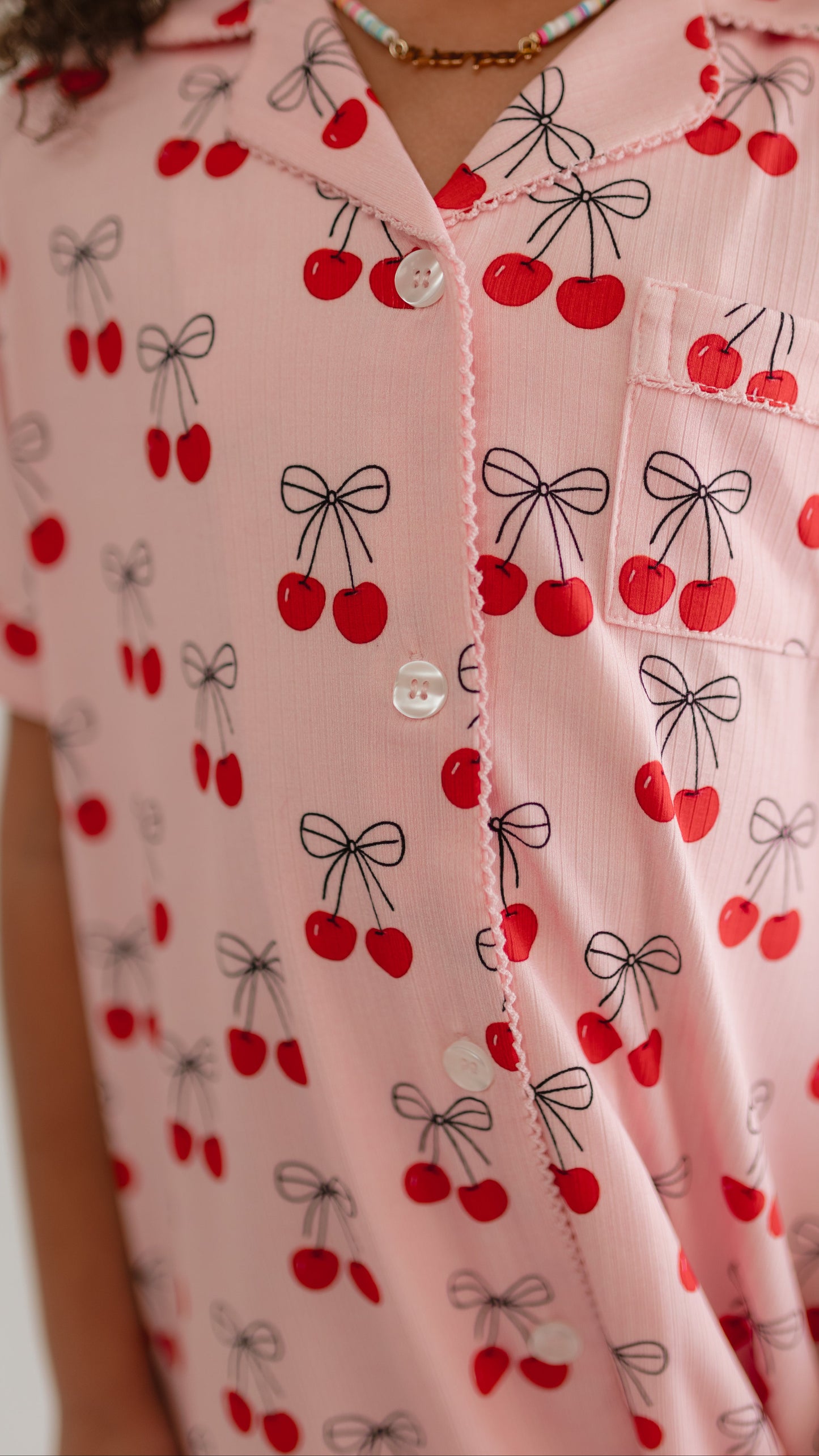Girl's Button Down Ribbed Dress in Pink Cherry Bows