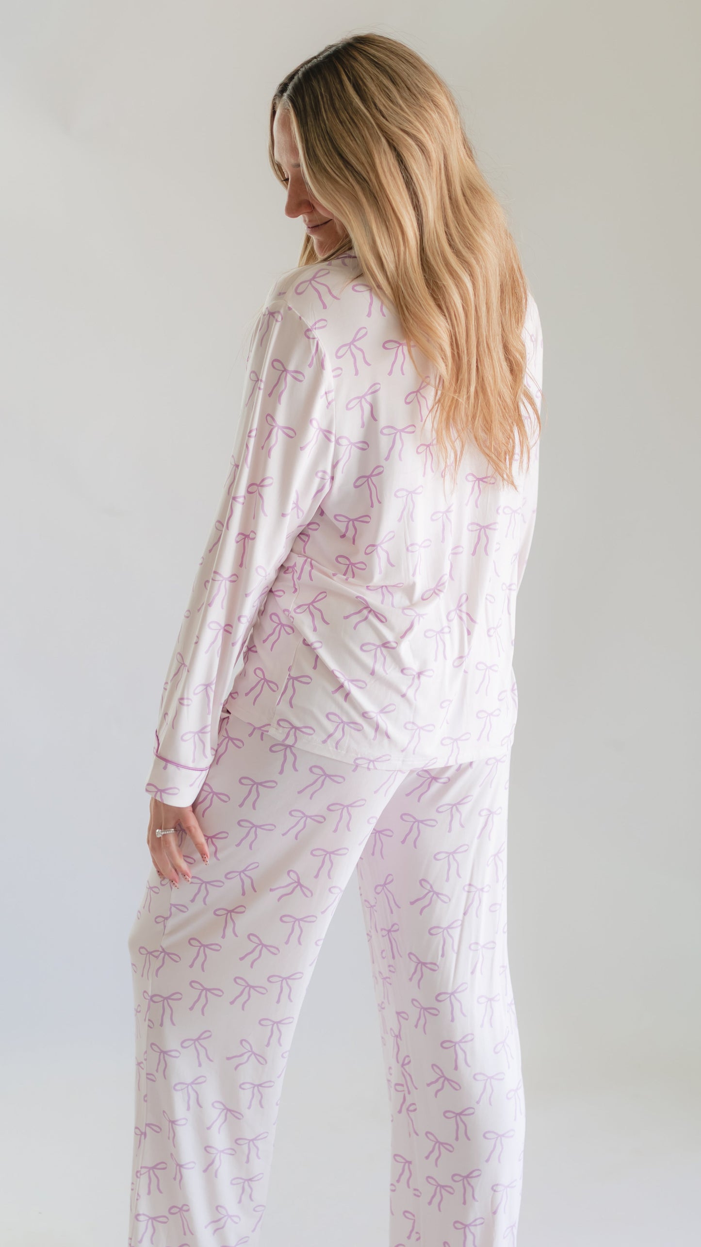 Women's Button Up Set In Purple Bows