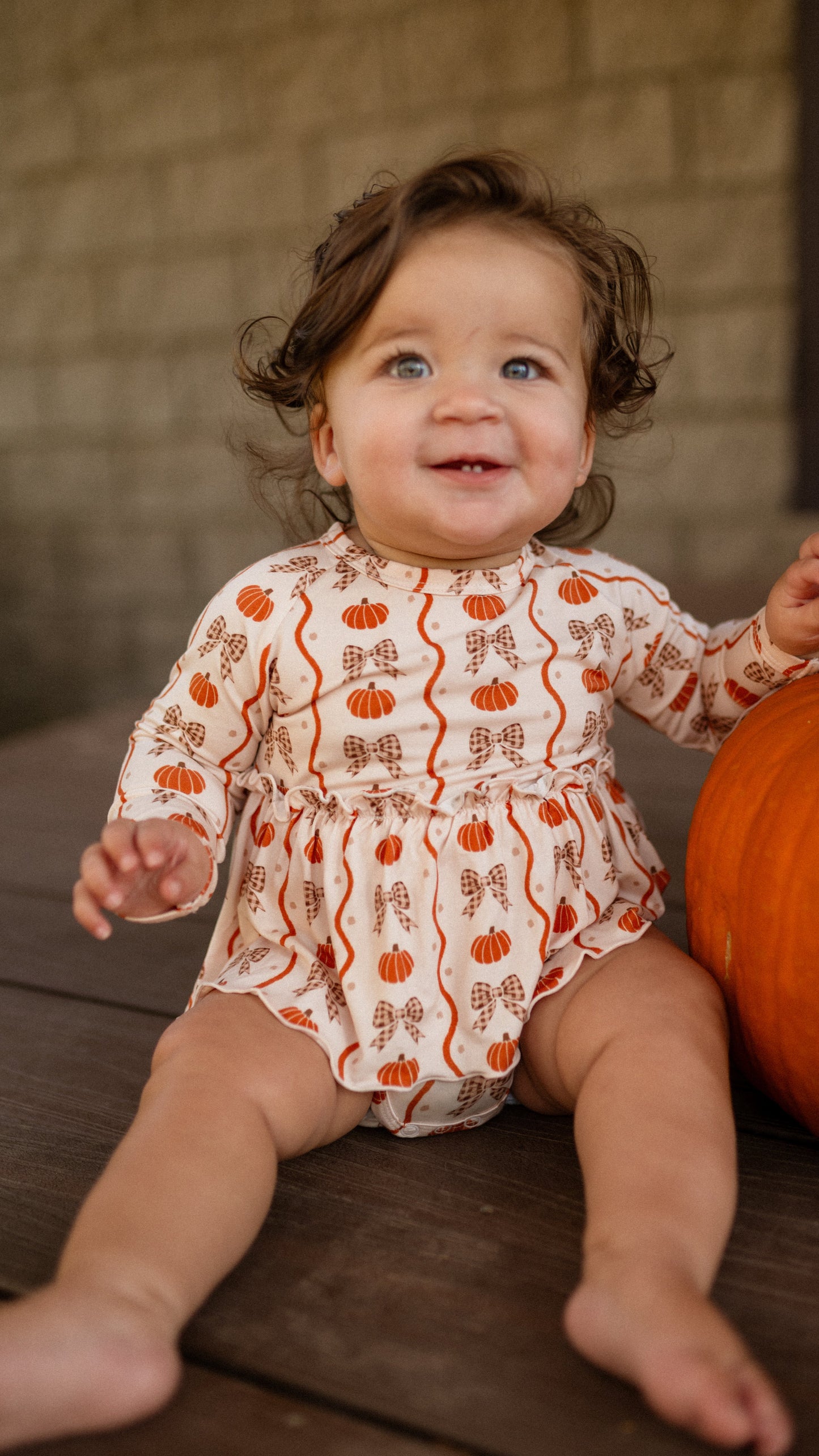 Infant Long Sleeve and Skirt Onesie in Bows and Pumpkins