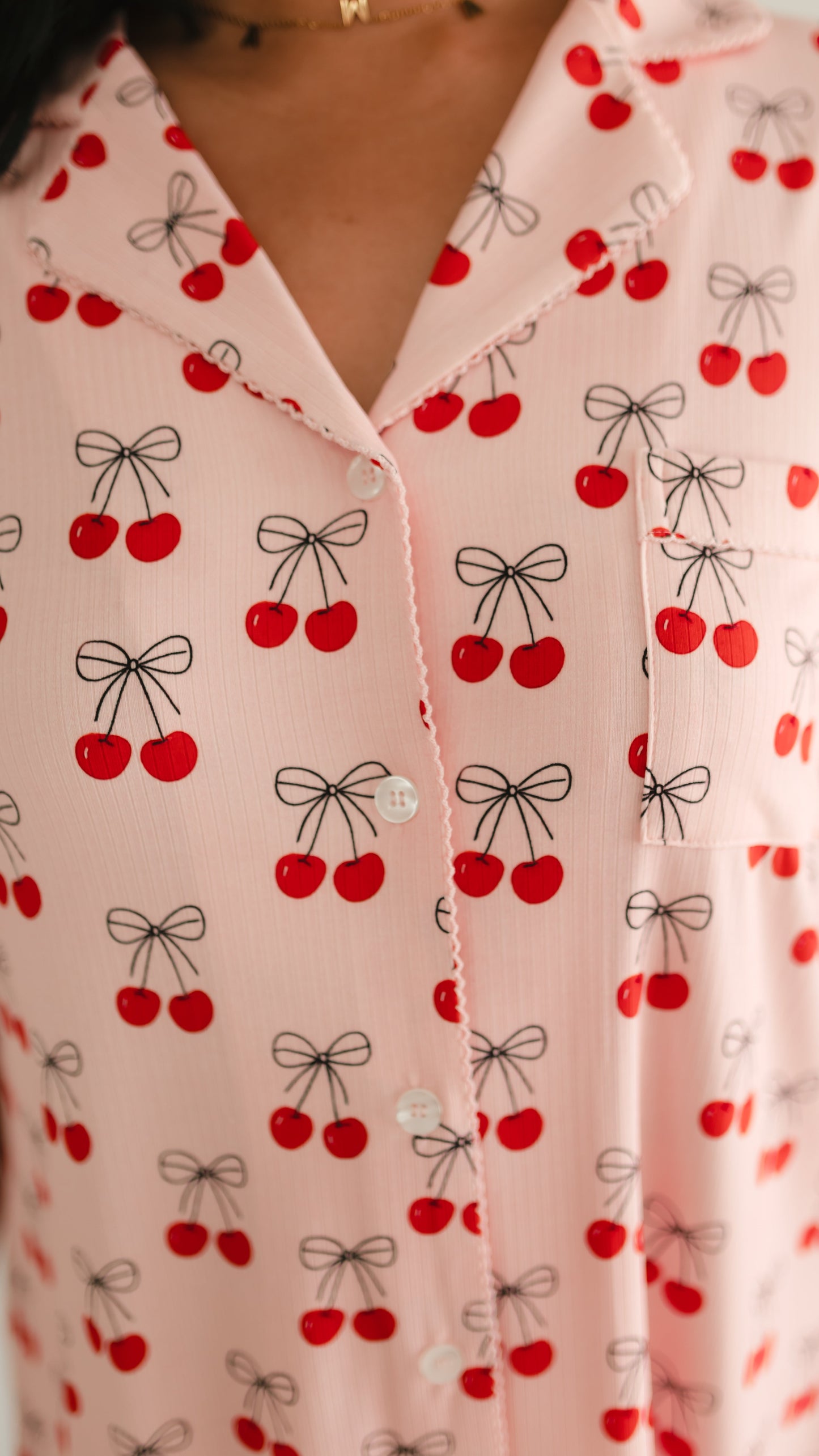 Women's Ribbed Button Down Dress In Pink Cherry Bows