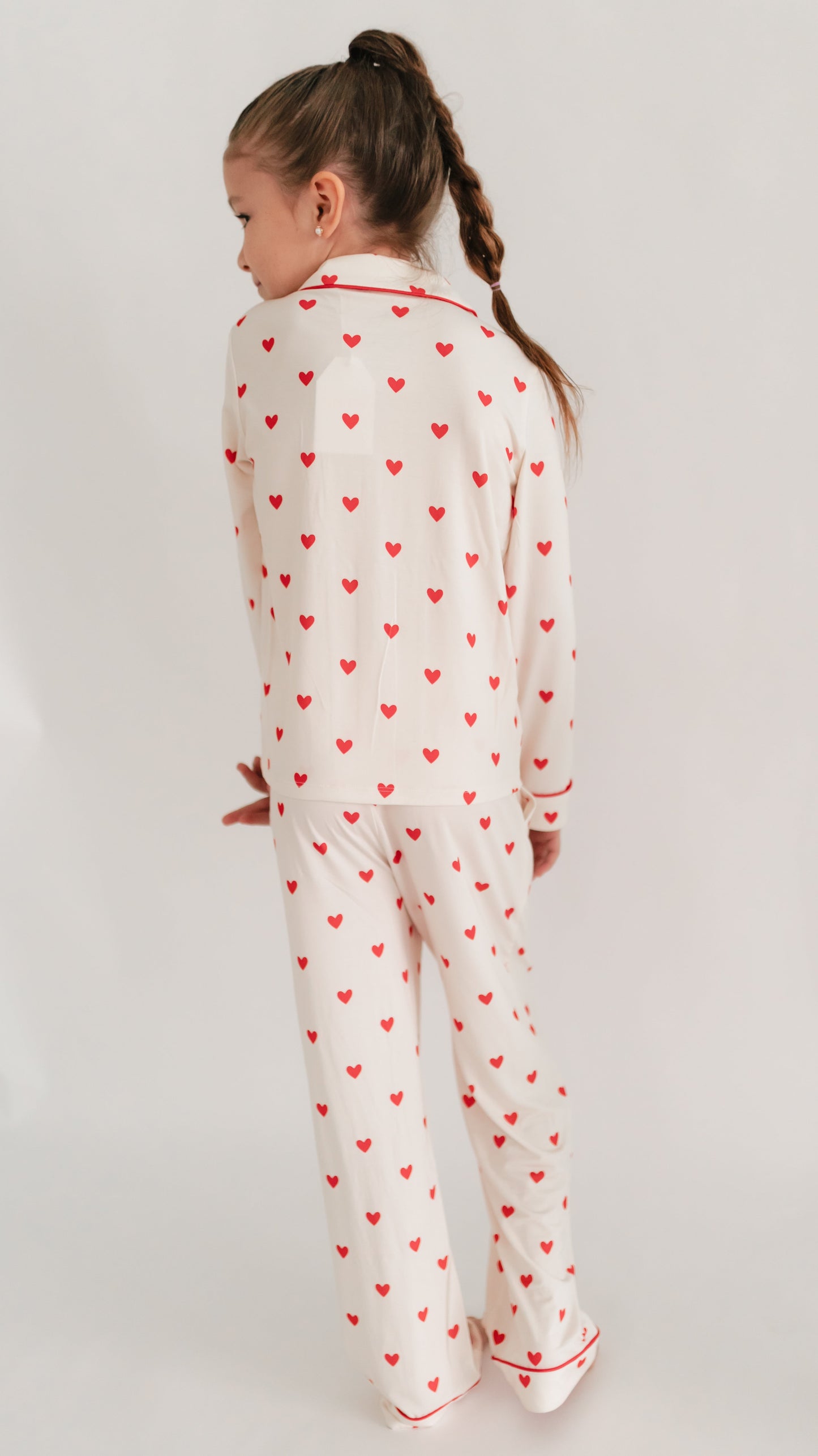 Girl's Button Up Set in Cream Valentine Hearts