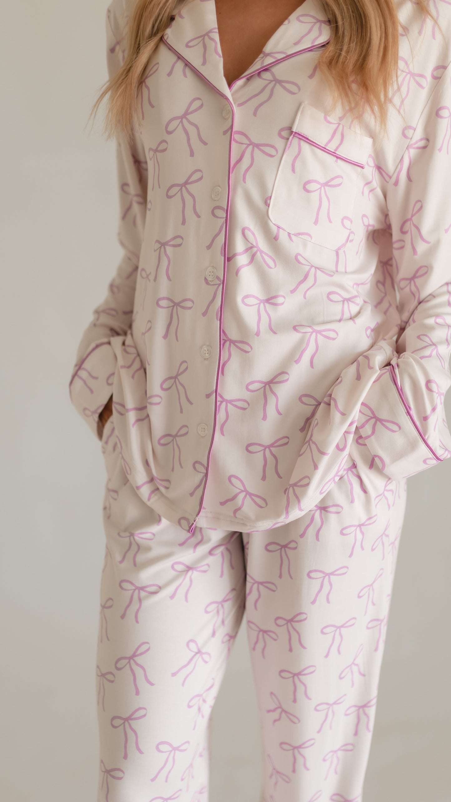 Women's Button Up Set In Purple Bows