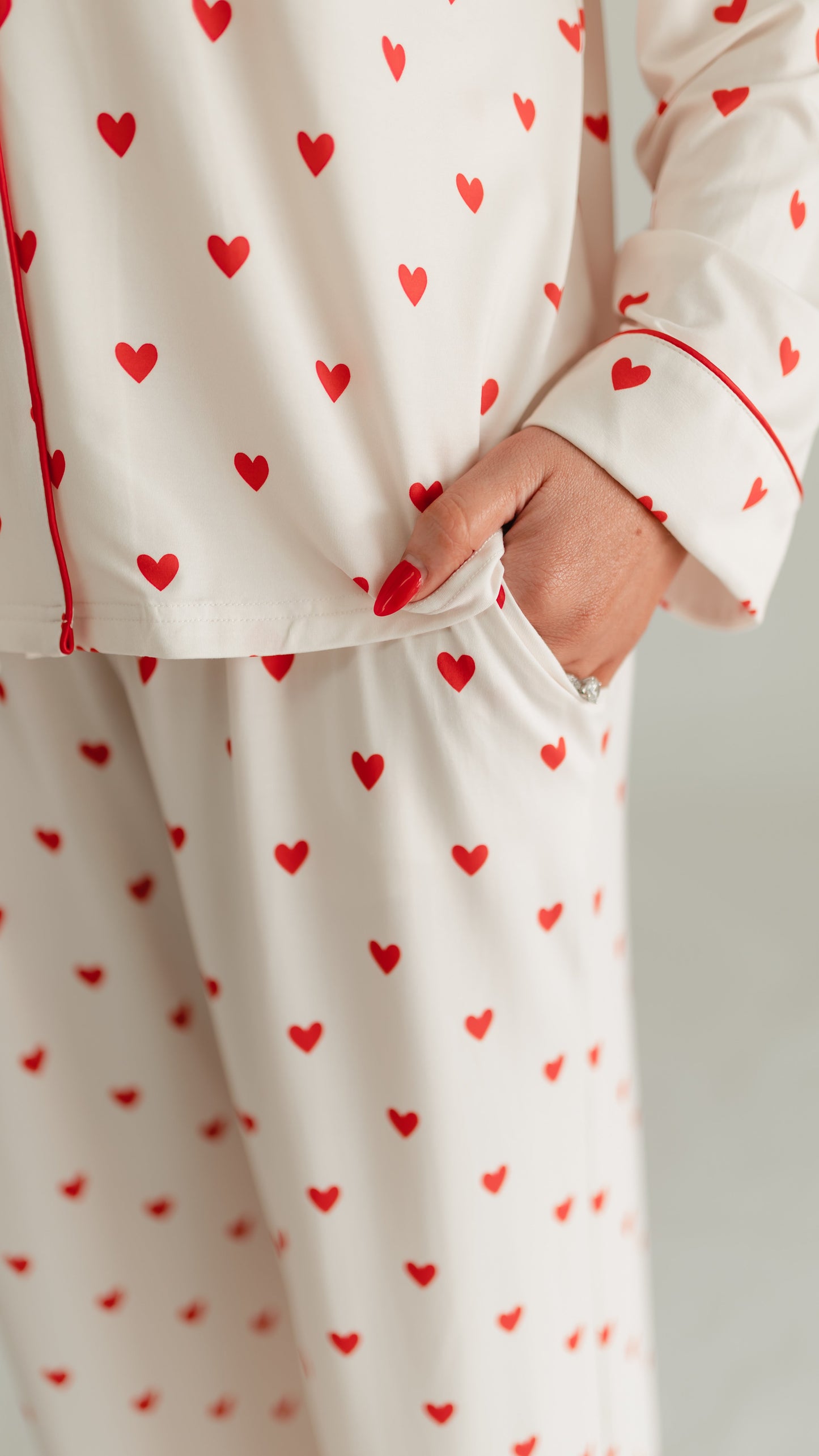 Women's Button Up Set In Cream Valentine Hearts