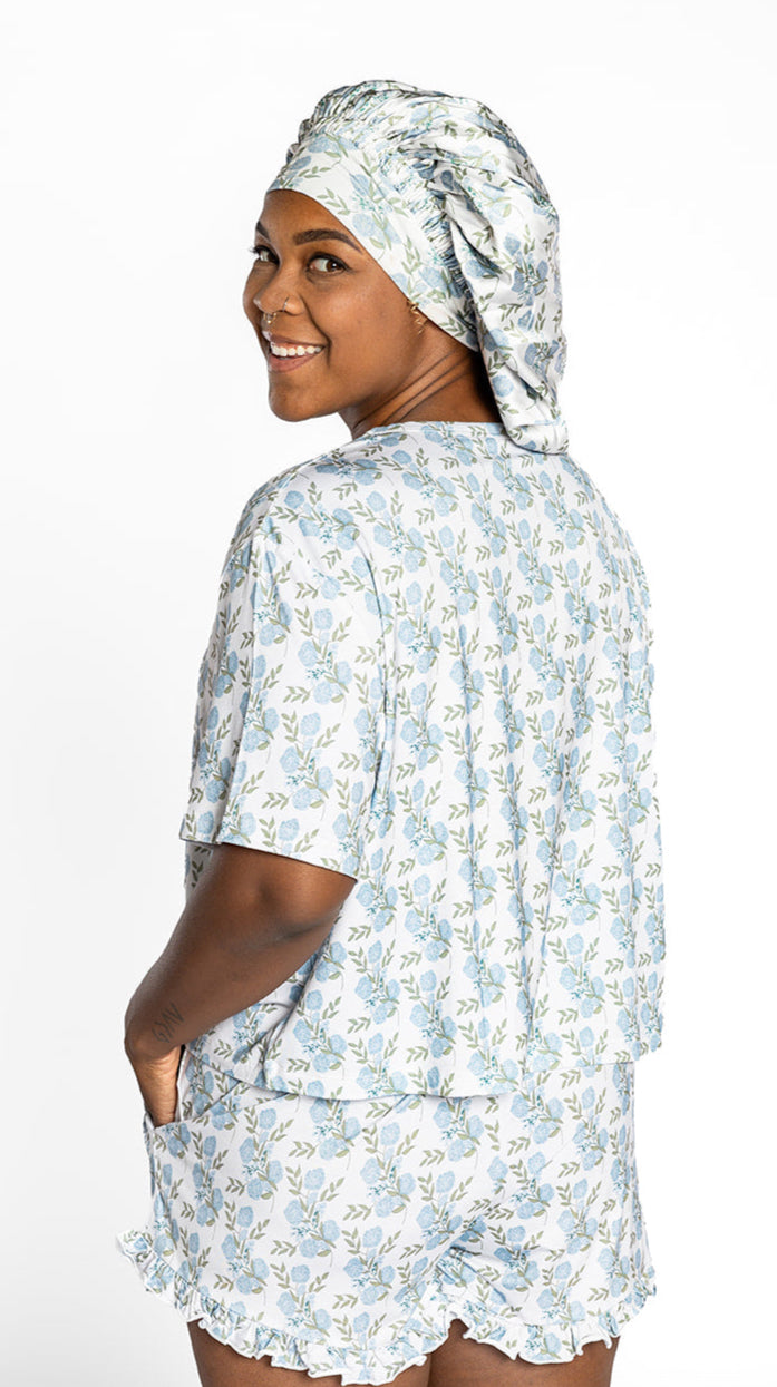 Adult Satin Bonnet in Blue Floral