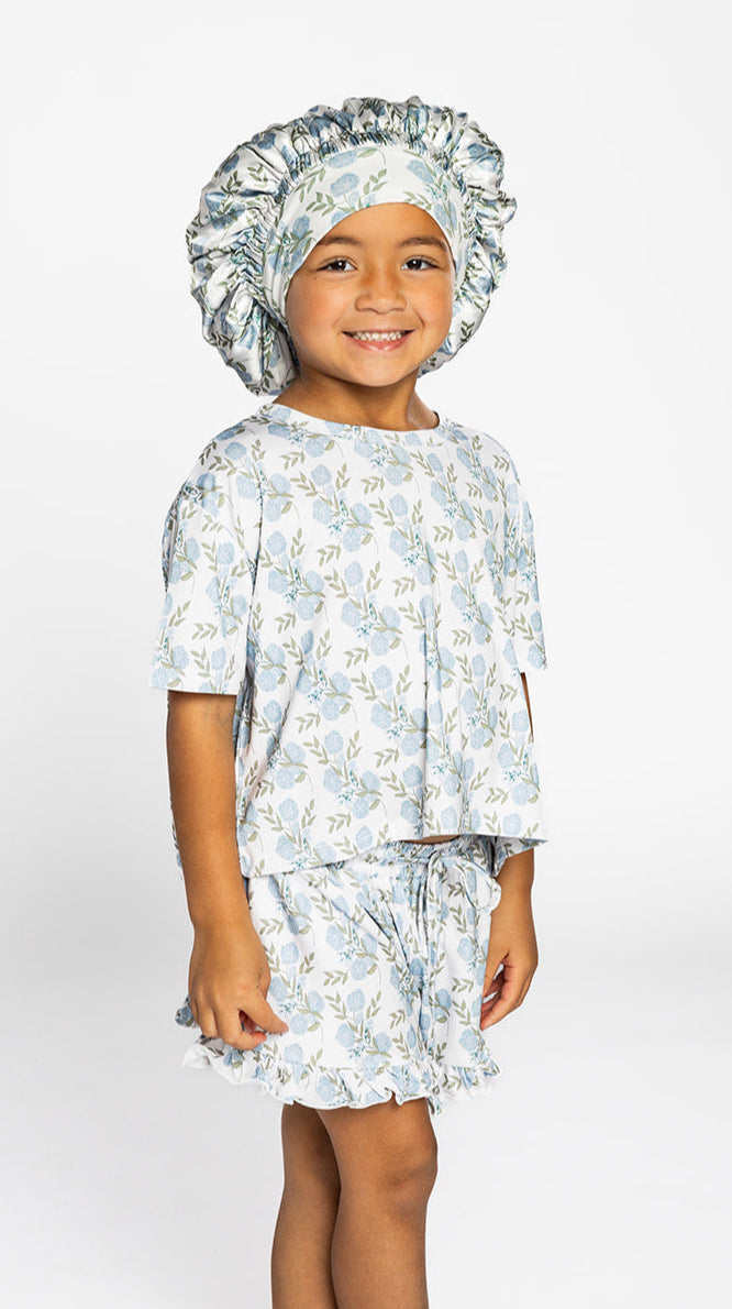 Kids Satin Bonnet in Blue Floral