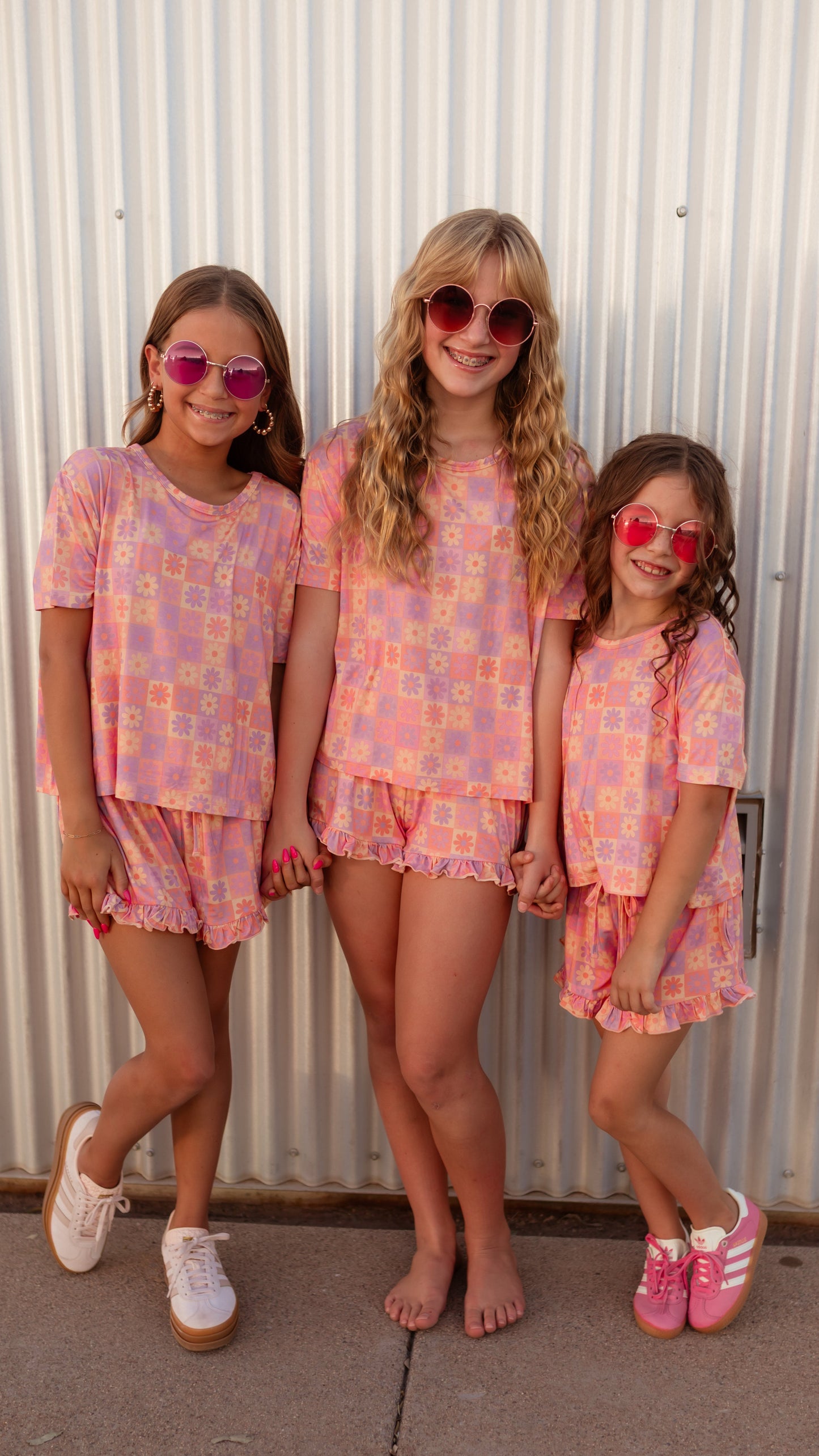 Girl's Ruffle Short Set in Groovy Checkered Flowers