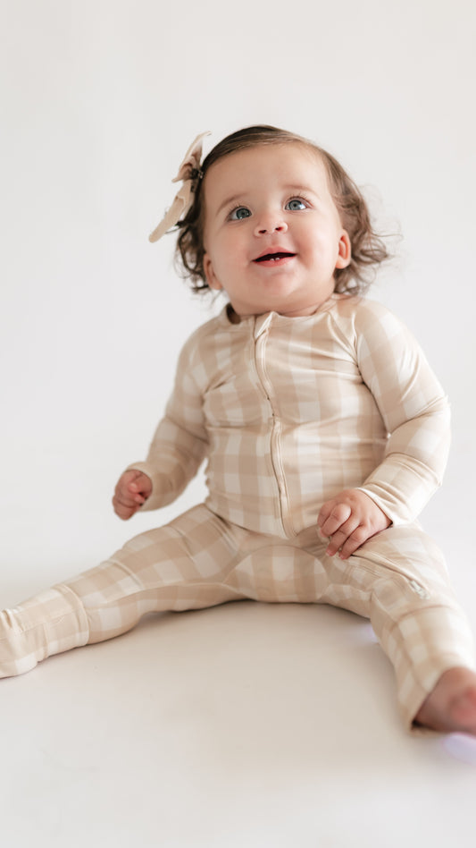 Infant Romper in Neutral Gingham
