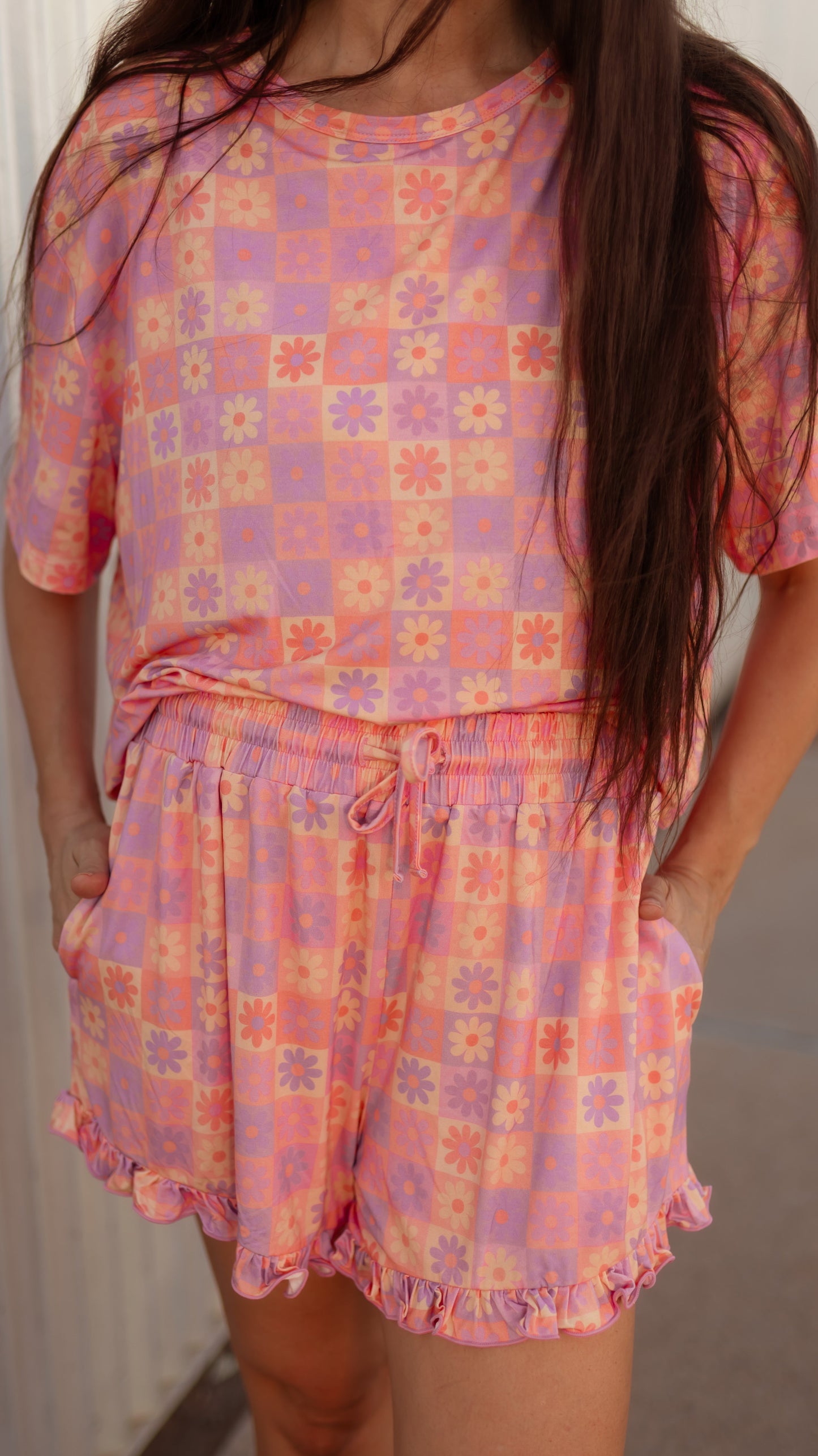 Women’s Ruffle Short Set in Groovy Checkered Flowers