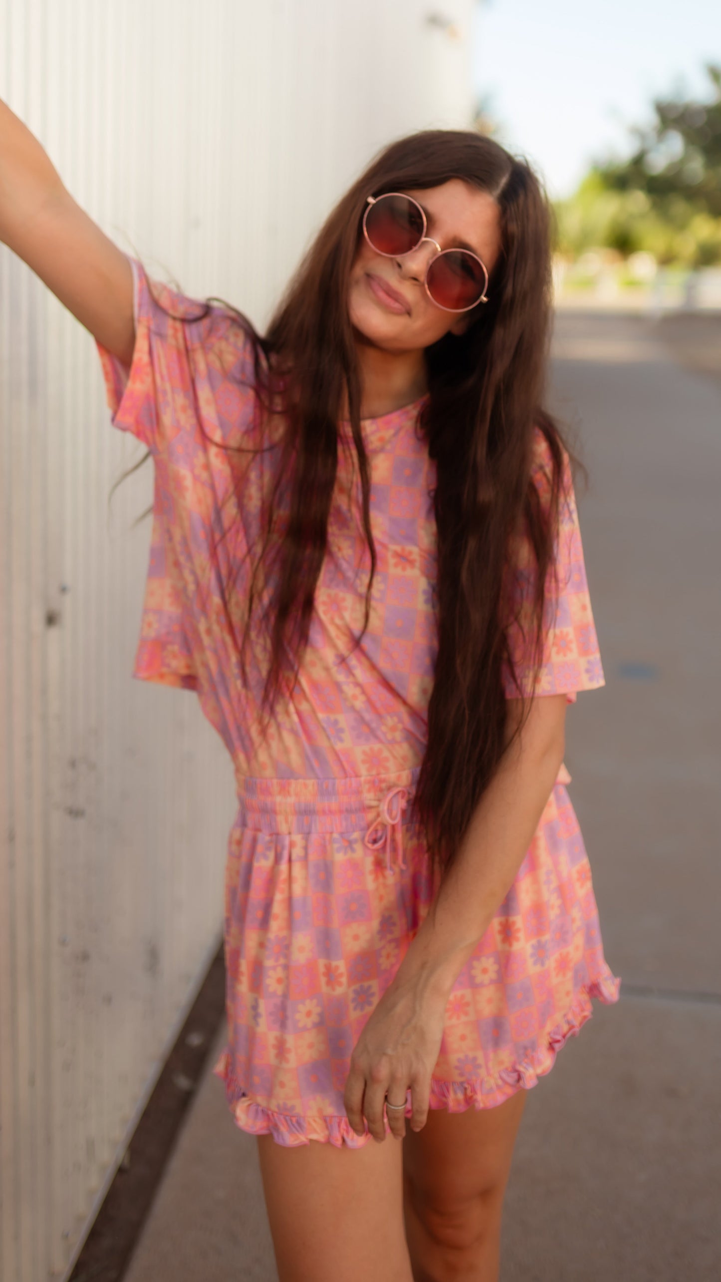 Women’s Ruffle Short Set in Groovy Checkered Flowers