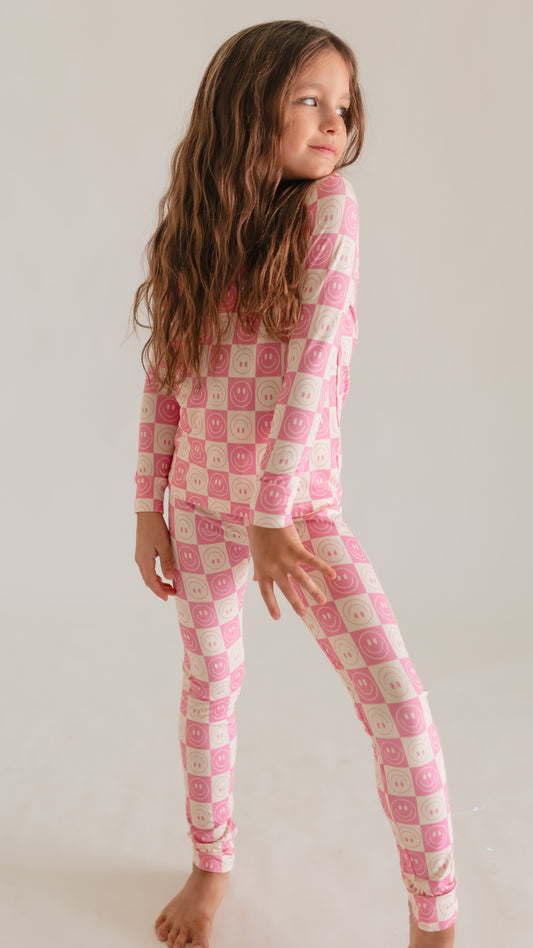 Youth Pajama Set in Checkered Smileys