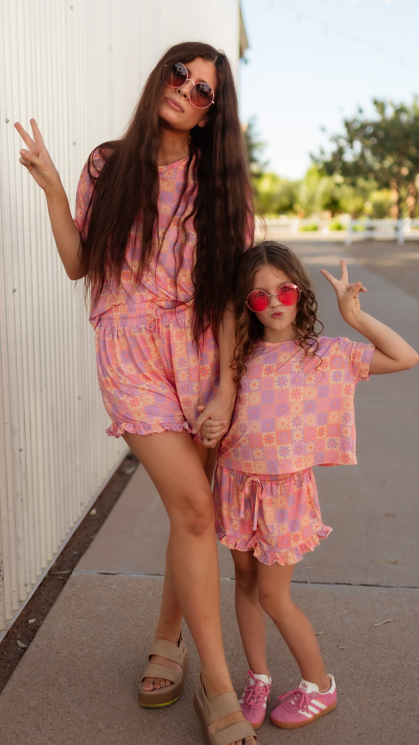 Women’s Ruffle Short Set in Groovy Checkered Flowers