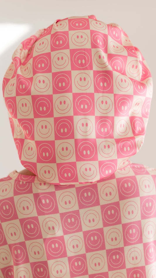 Adult Satin Bonnet in Checkered Smileys