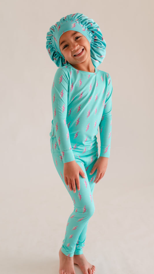 Kid's Satin Bonnet in Neon Bolts