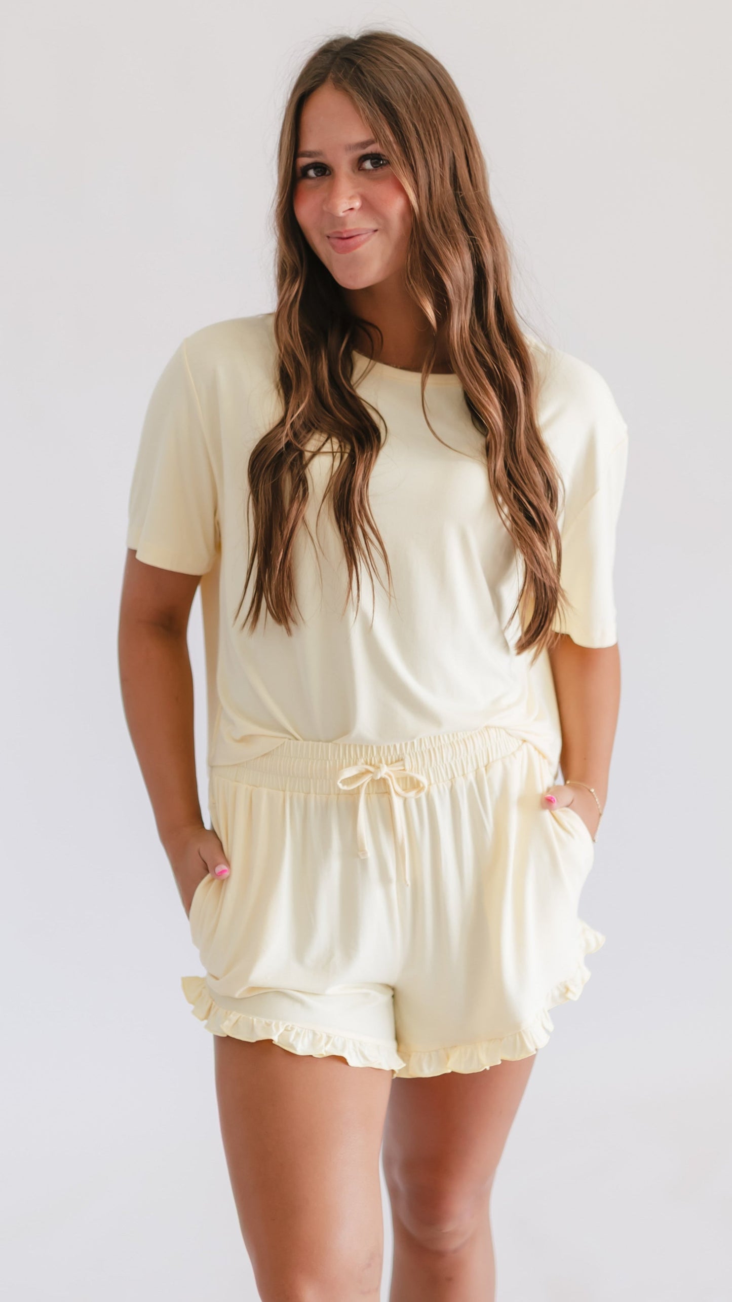 Womens Ruffle Short Set in Butter Yellow