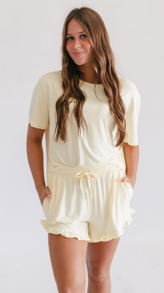 Womens Ruffle Short Set in Butter Yellow