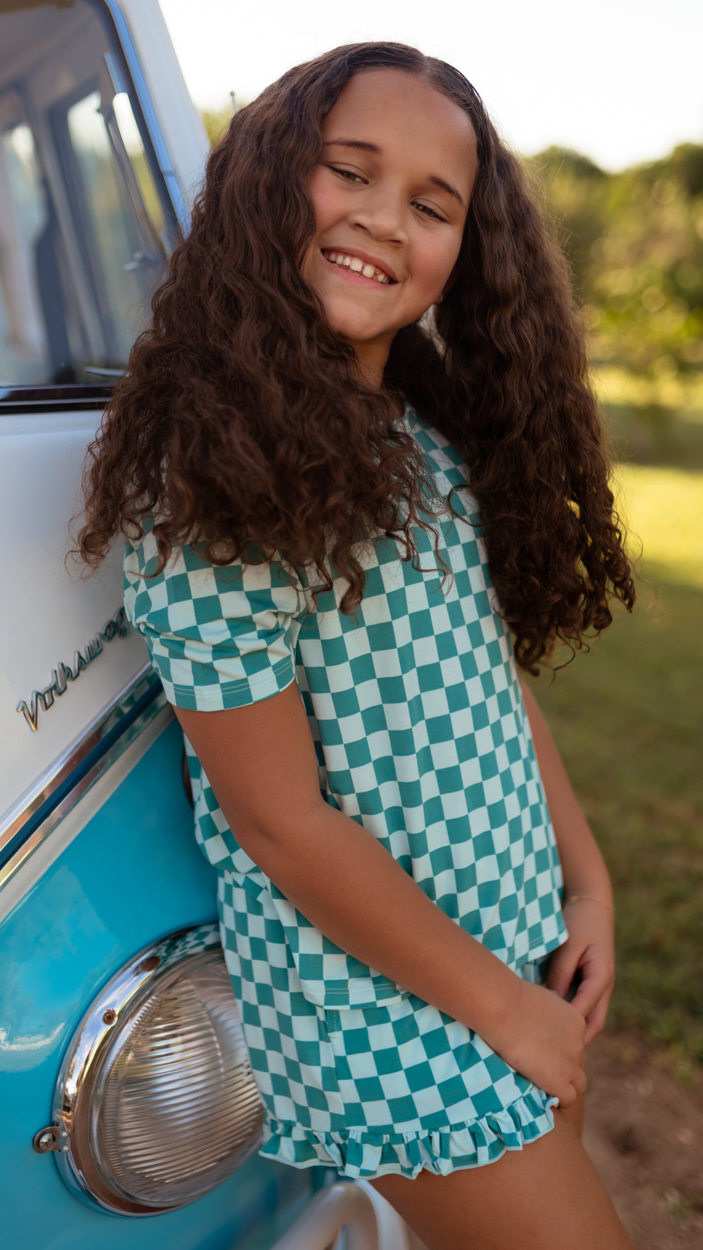 Girl's Ruffle Set in Teal and Blue Checkered
