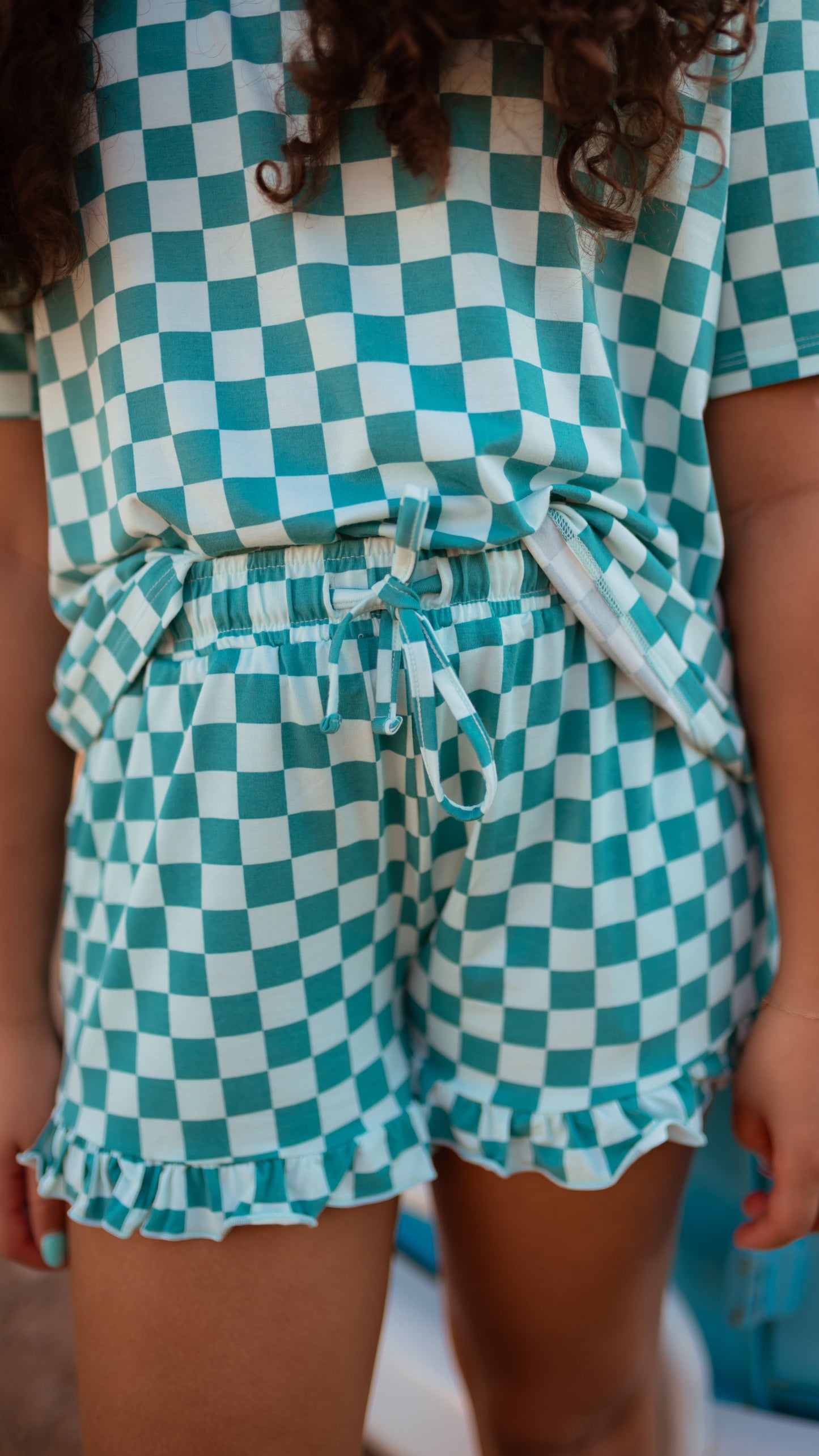 Girl's Ruffle Set in Teal and Blue Checkered
