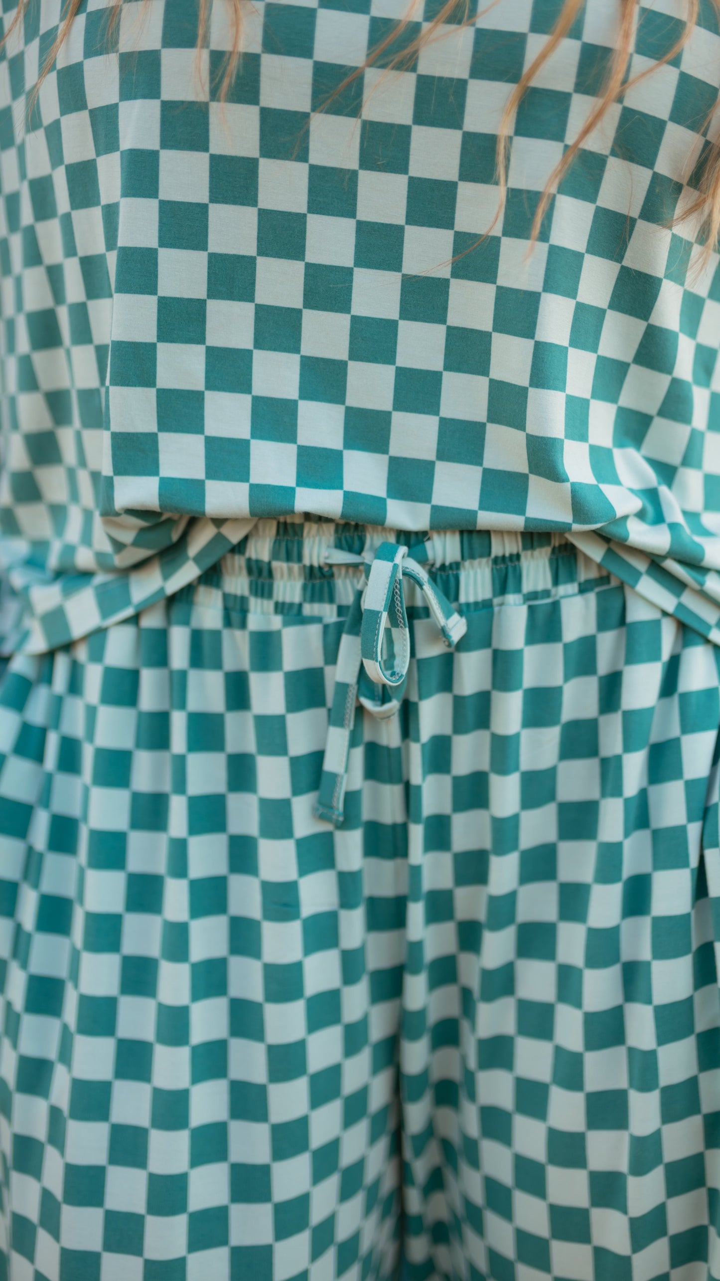 Women's T-Shirt and Pants Set in Teal and Blue Checkered