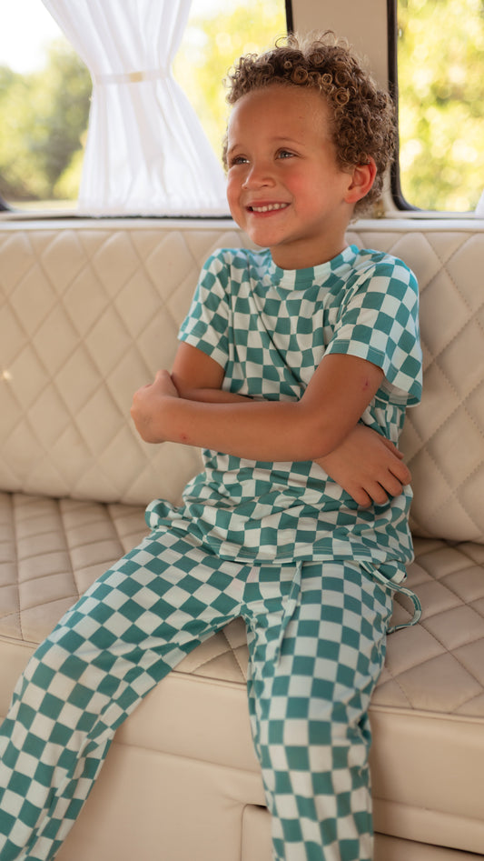 Youth Jogger Set In Teal and Blue Checkered