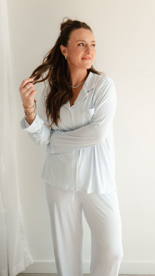 Women's Button Up Set In Blue Pin Stripes