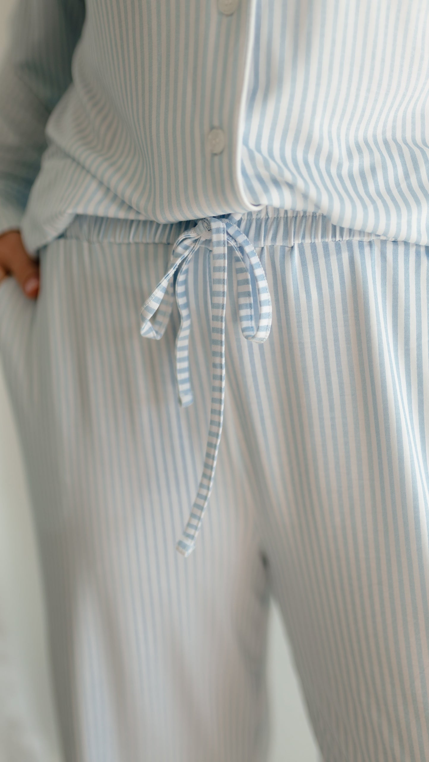 Women's Button Up Set In Blue Pin Stripes