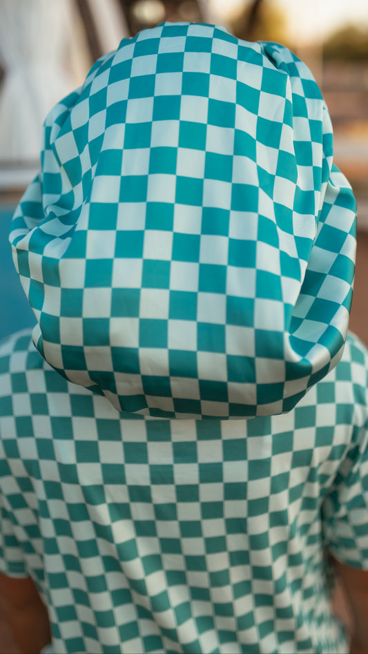 Kid's Satin Bonnet in Teal and Blue Checkered