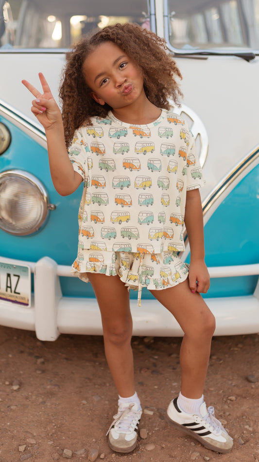 Girl's Ruffle Short Set in Groovy Bus