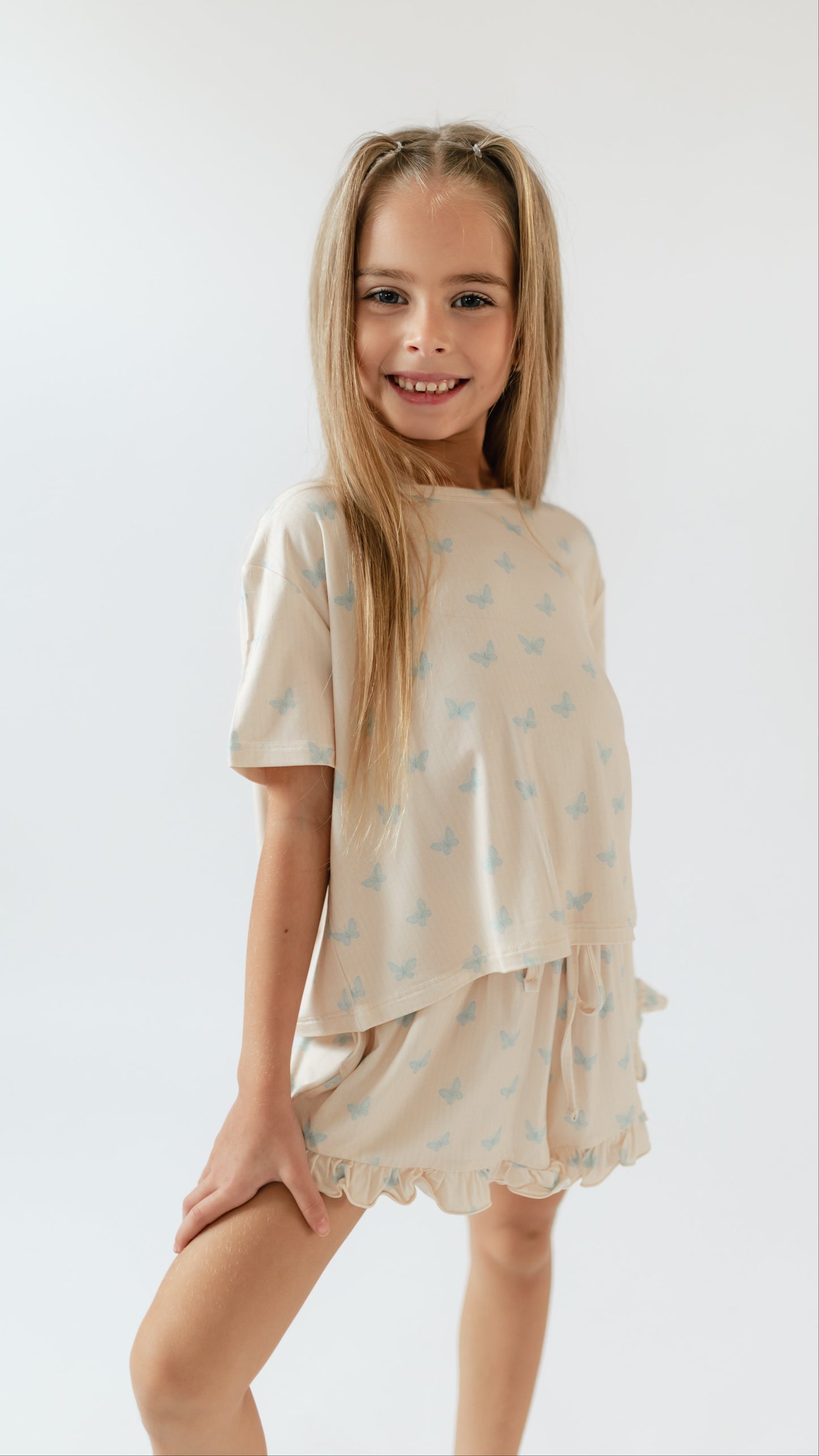 Girl's Ruffle Short Set in Blue Butterflies