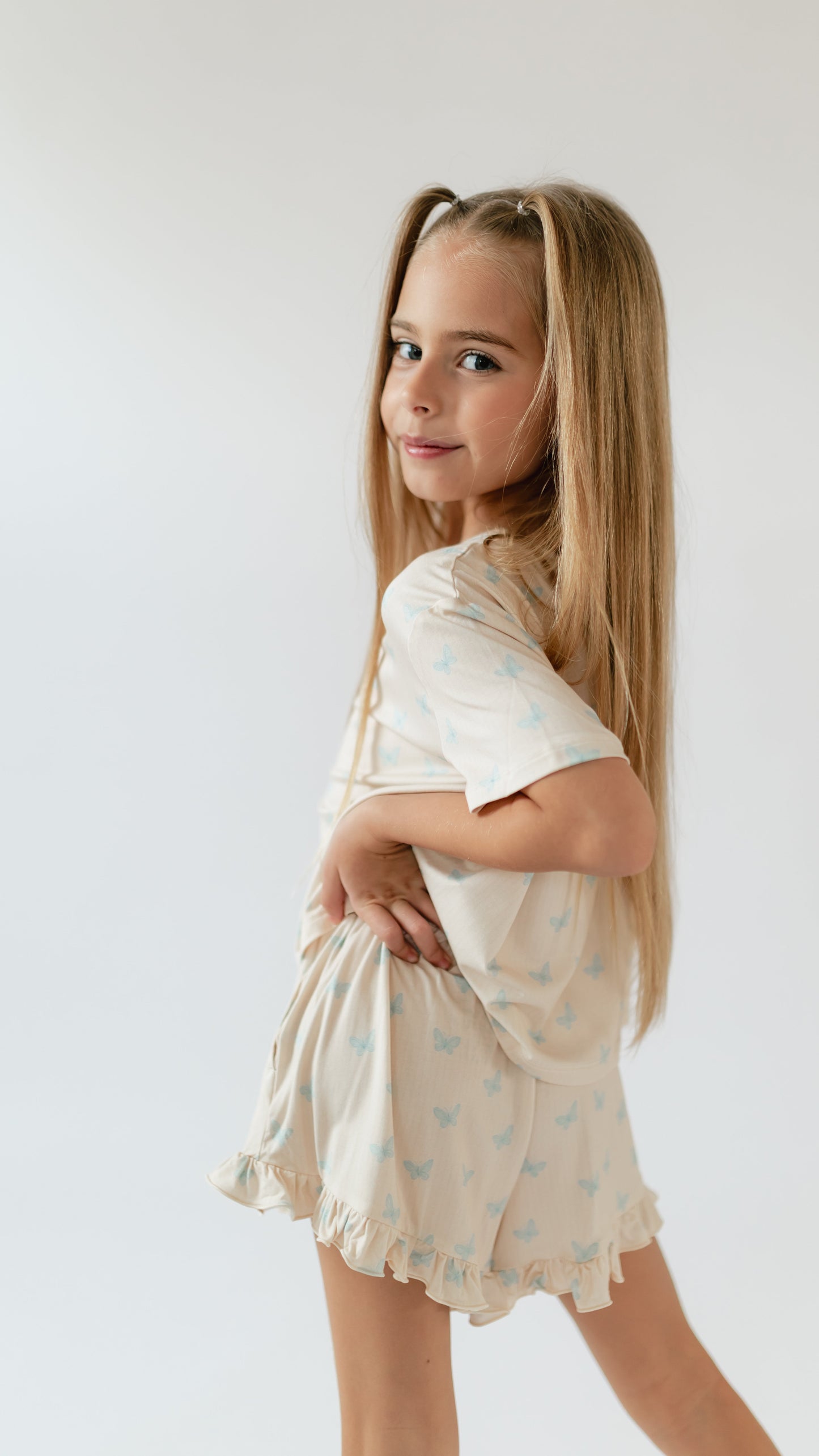 Girl's Ruffle Short Set in Blue Butterflies