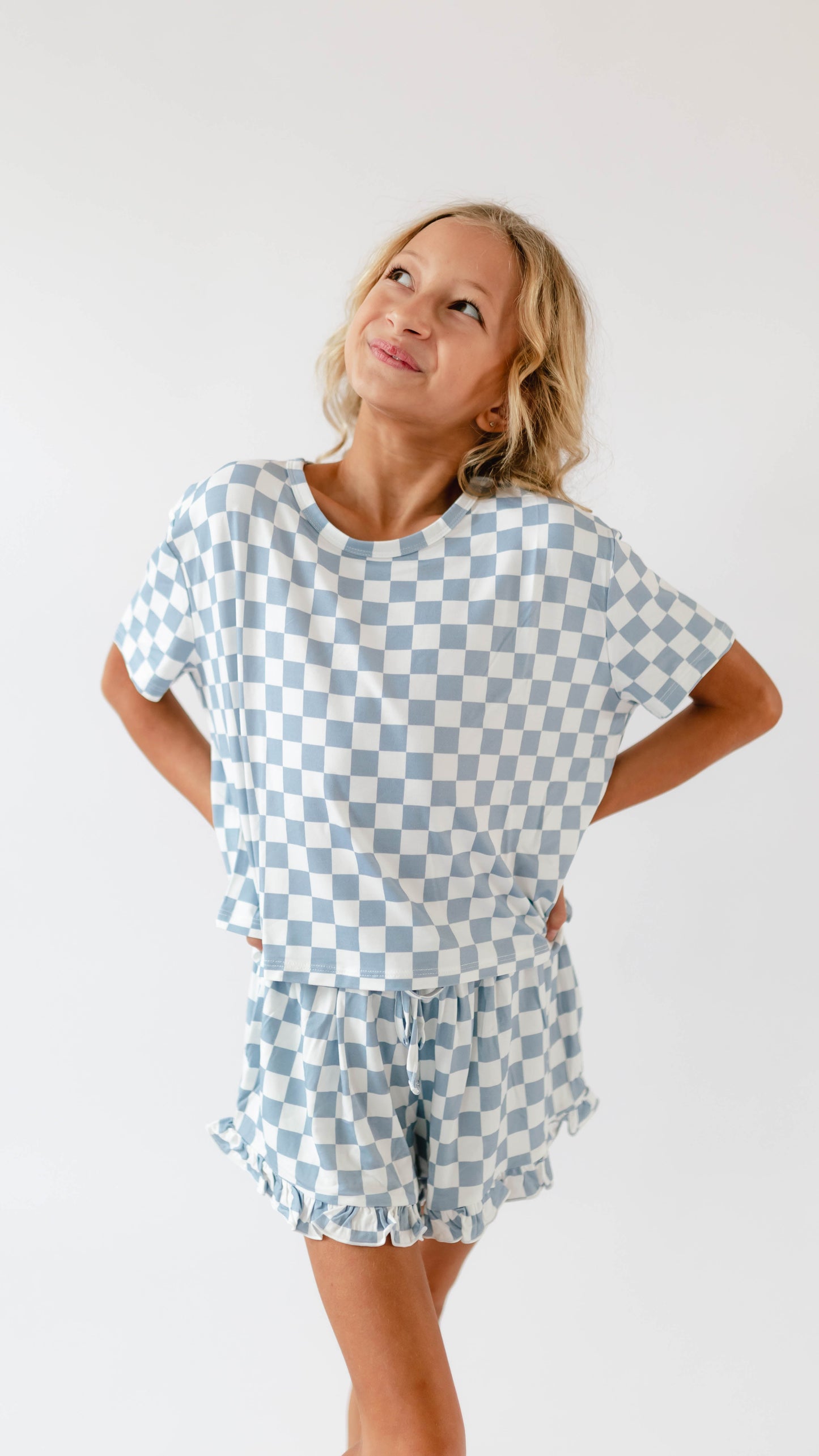 Girl's Ruffle Short Set in Cornflower Blue Checkered