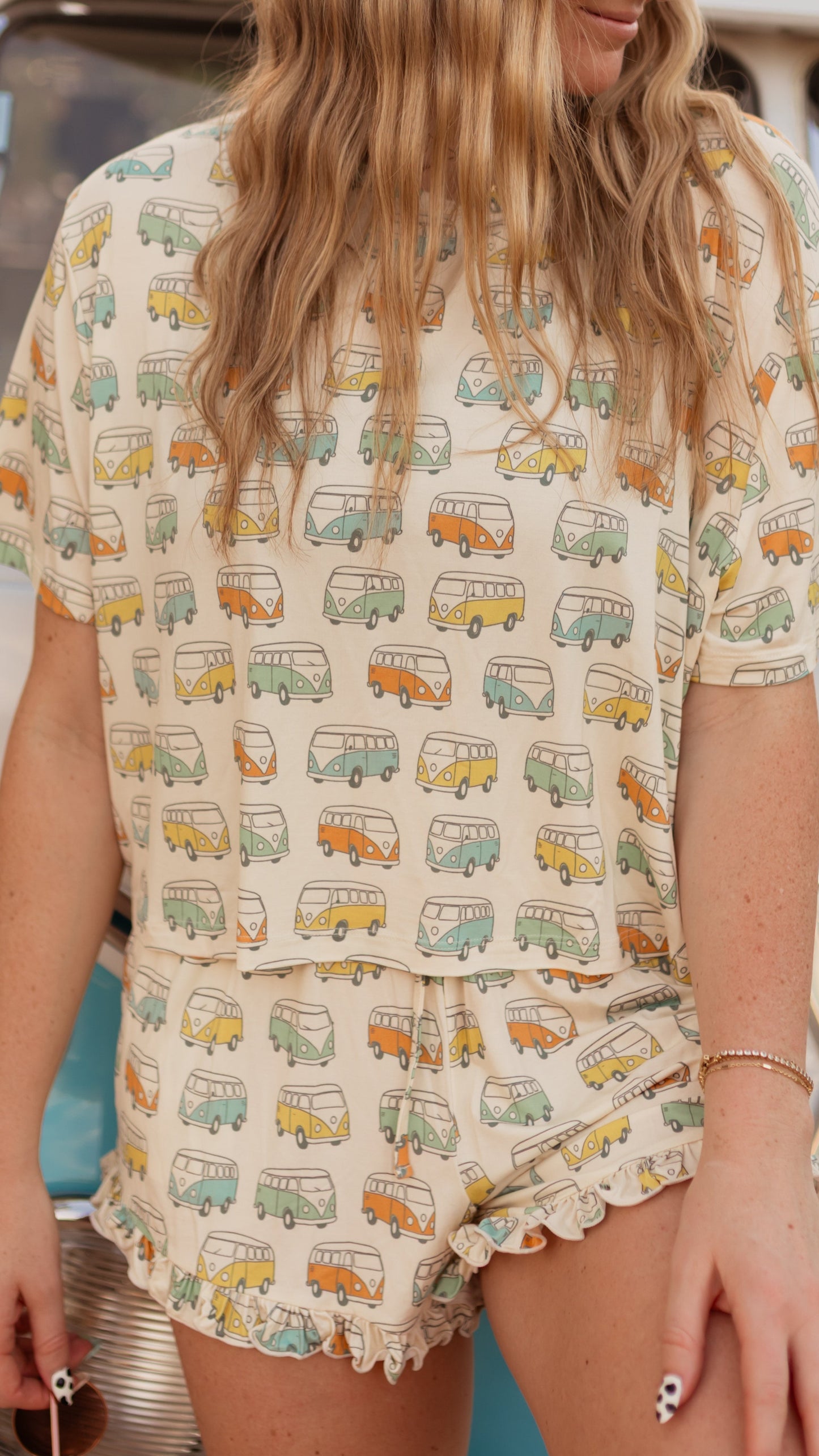 Women’s Ruffle Short Set in Groovy Bus