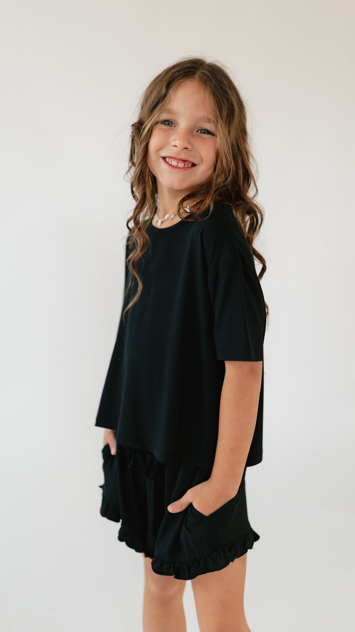 Girl's Ruffle Short Set in Solid Black