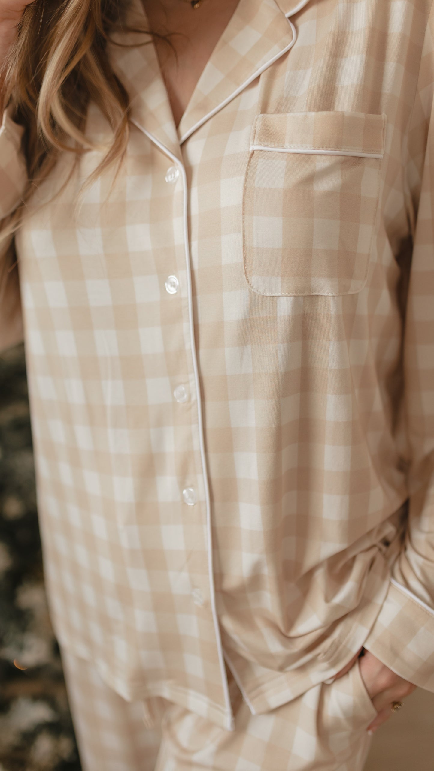 Women's Button Up Set In Neutral Gingham