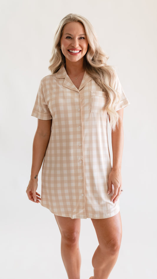 Women's Ribbed Button Down Dress In Neutral Gingham