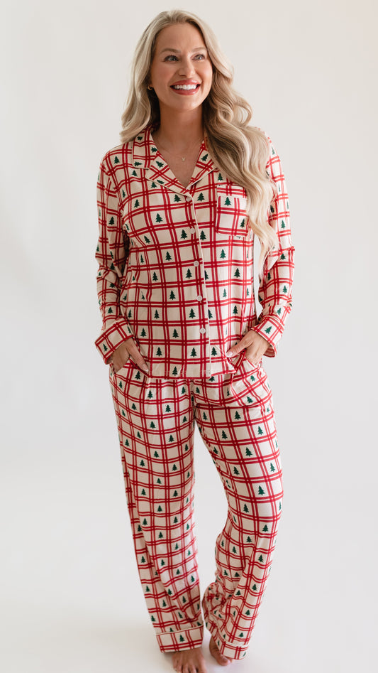 Women's Button Up Set In Christmas Plaid