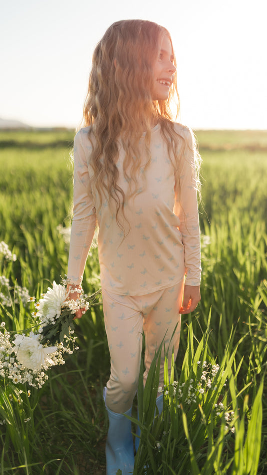 Youth Pajama Set in Blue Butterflies