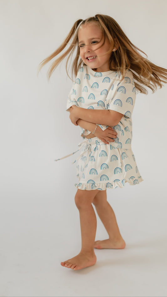 Girls Ruffle Set in Blue Rainbows
