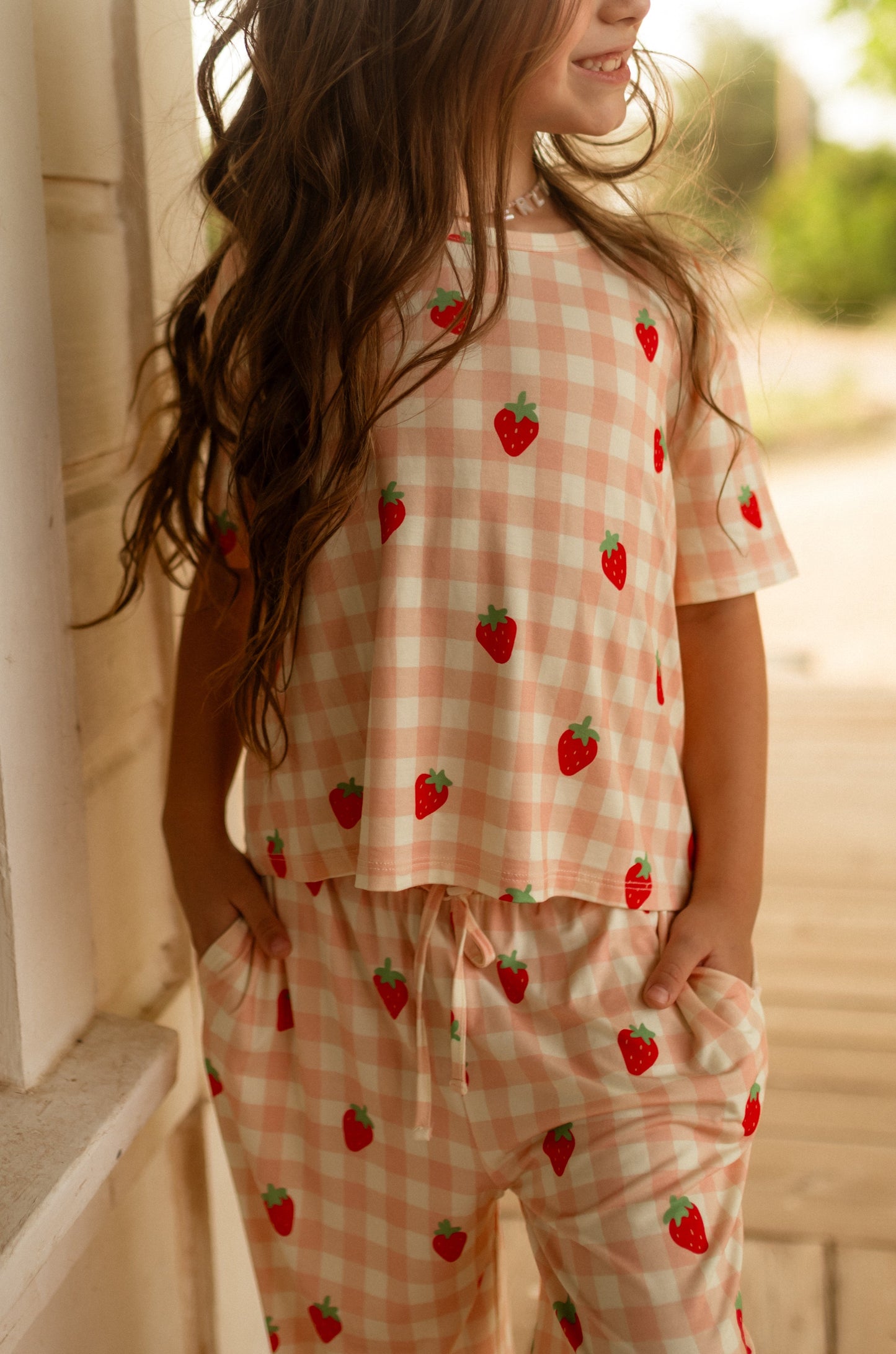 Girl's T-shirt and Pants Set in Strawberry Gingham